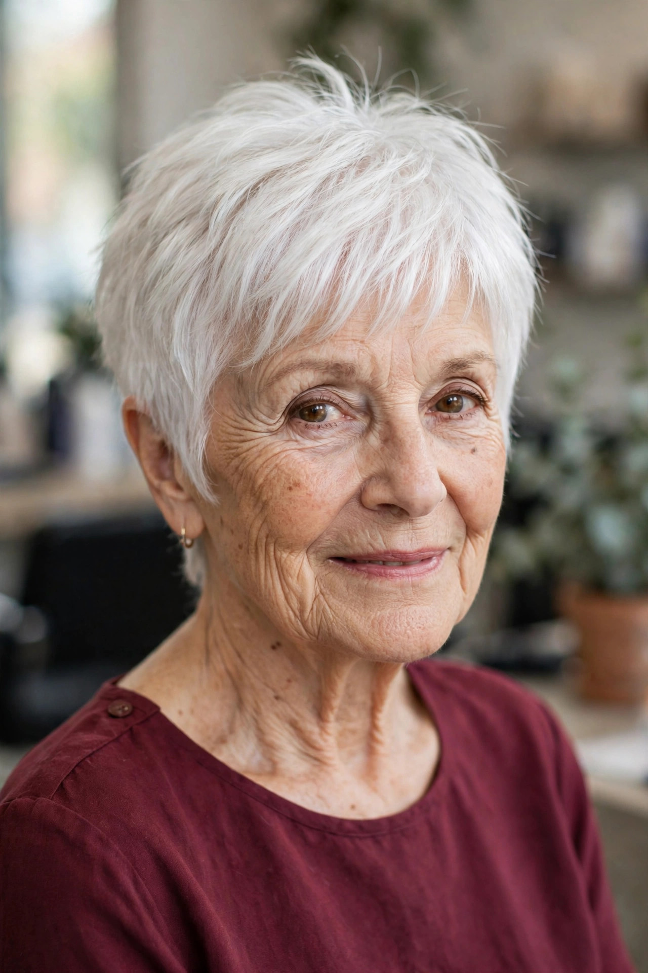 Airy Pixie-Shag in Snow White - shag haircut for a woman over 60 with a soft modern feel