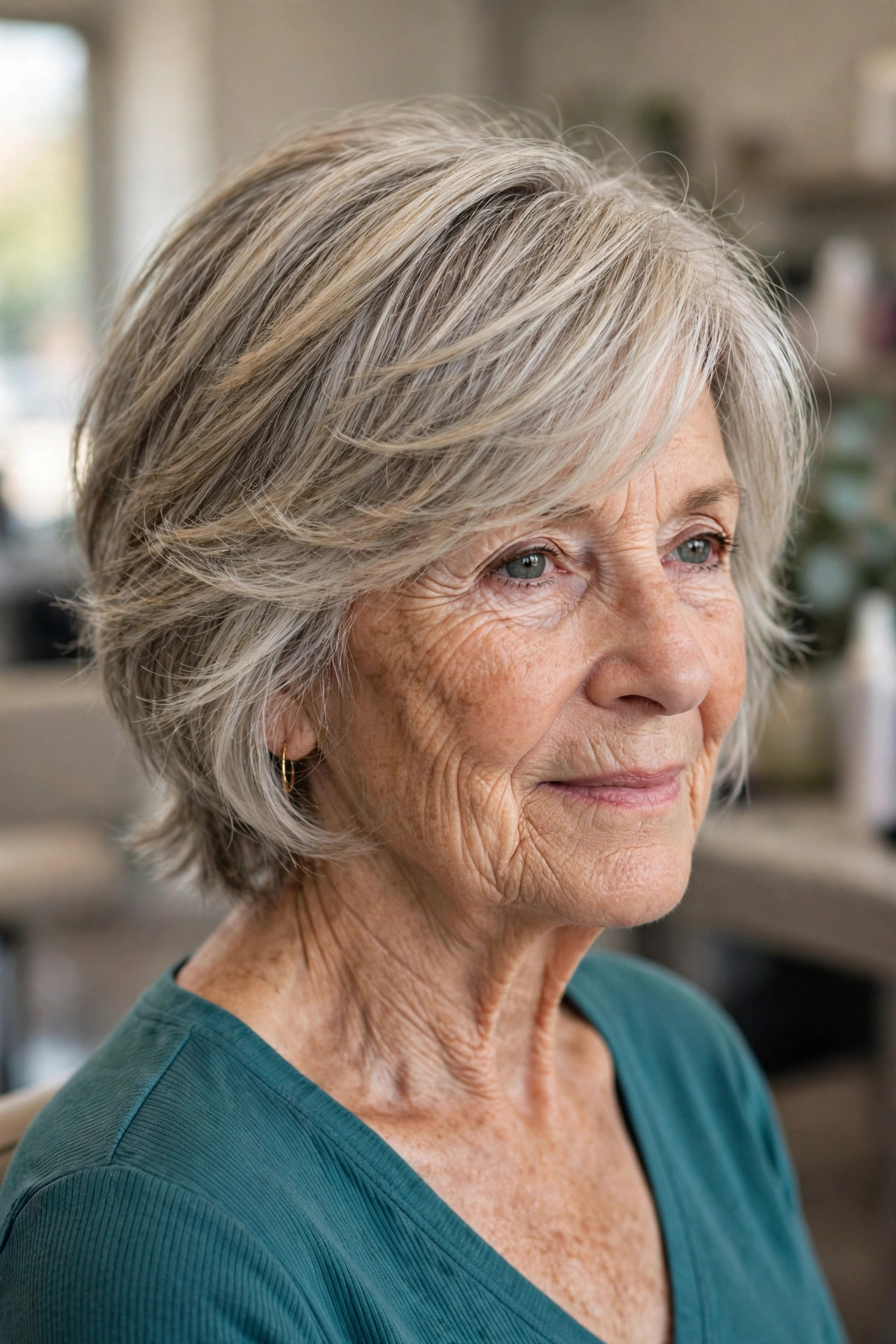 Side-Swept Feathered Shag - shag haircut for a woman over 60 with a soft modern feel