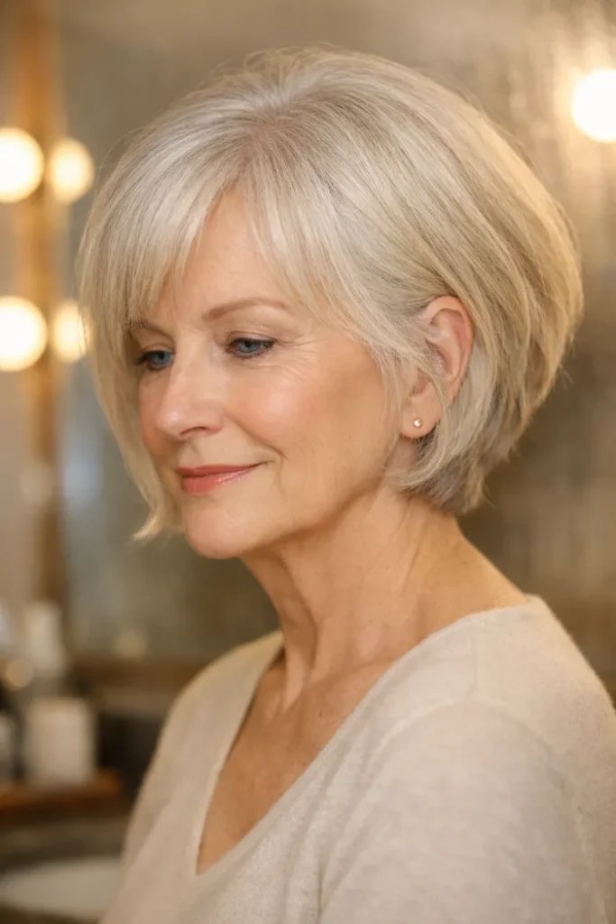 Airy Bob with Feathered Sides — short bob haircut for fine hair on a woman over 70