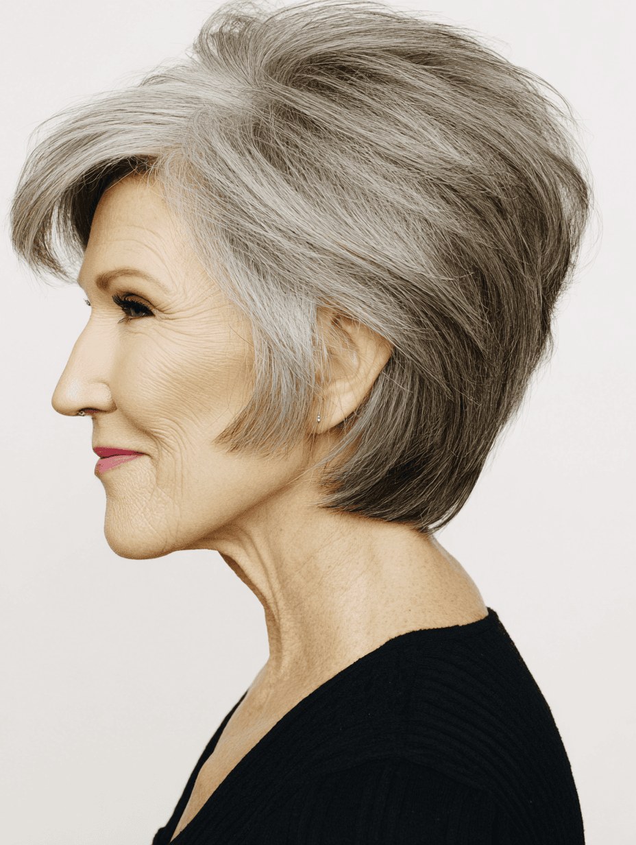 Short Bob Styled Forward for Coverage — short bob haircut for fine hair on a woman over 70