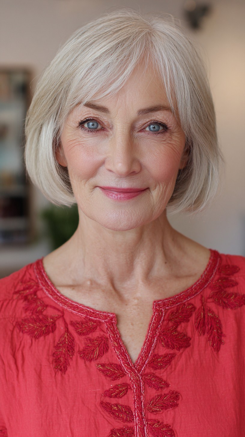 Side-Swept Bob for a Fuller Fringe Area — short bob haircut for fine hair on a woman over 70