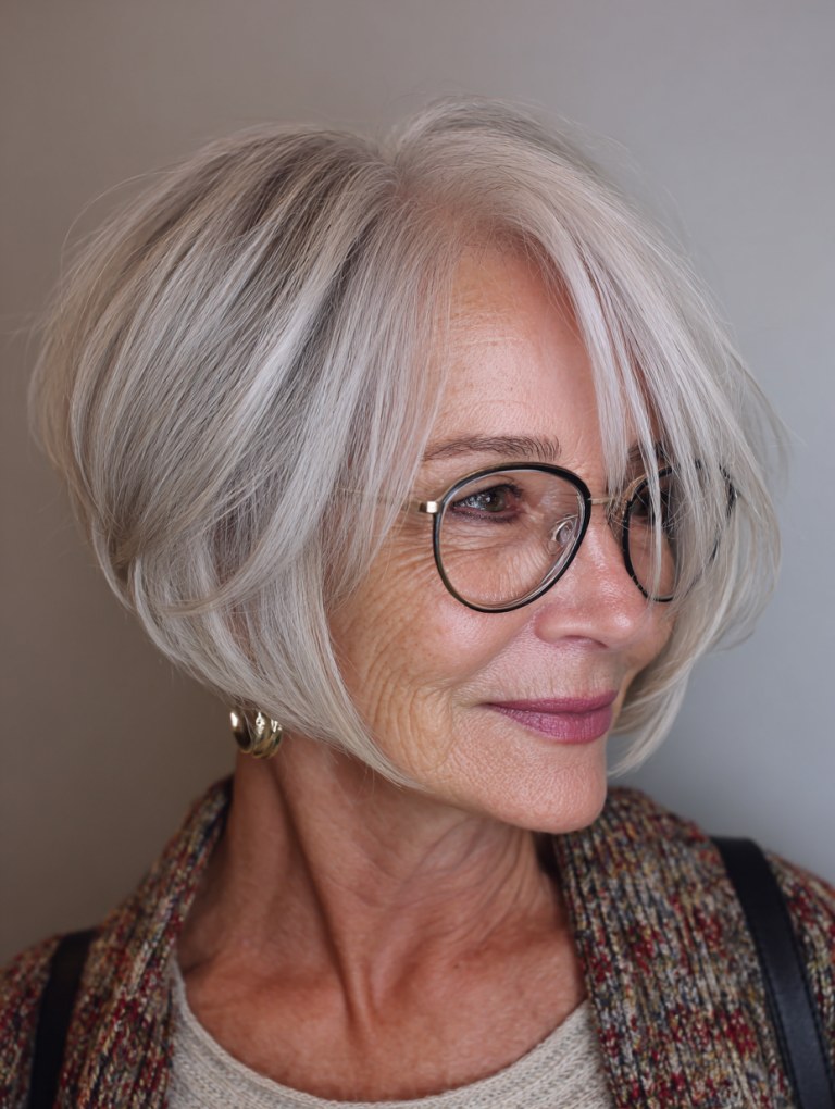 Short Bob with Hidden Crown Layers — short bob haircut for fine hair on a woman over 70