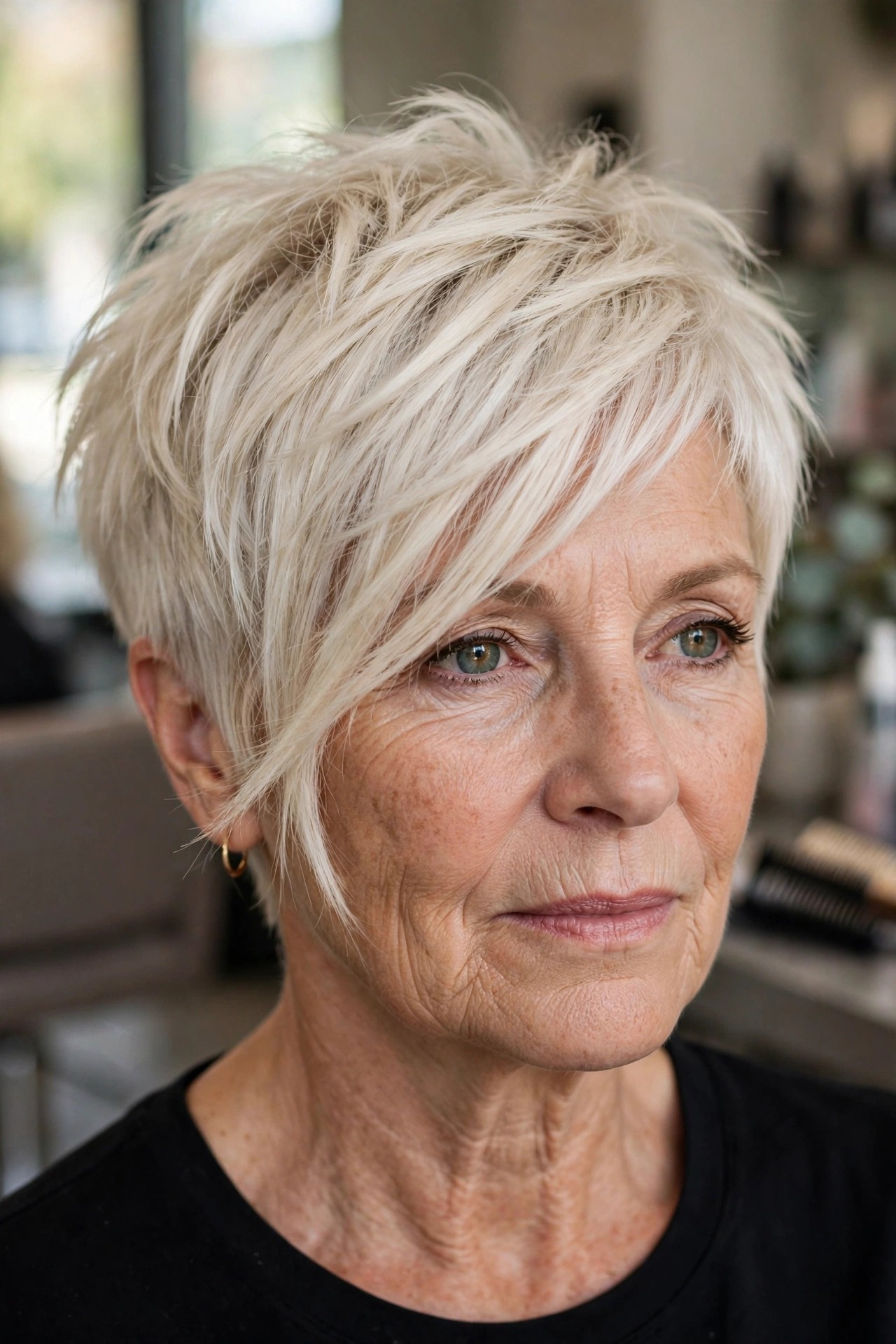 Asymmetrical Choppy Pixie on a woman over 50 - short choppy haircut with volume, idea 10