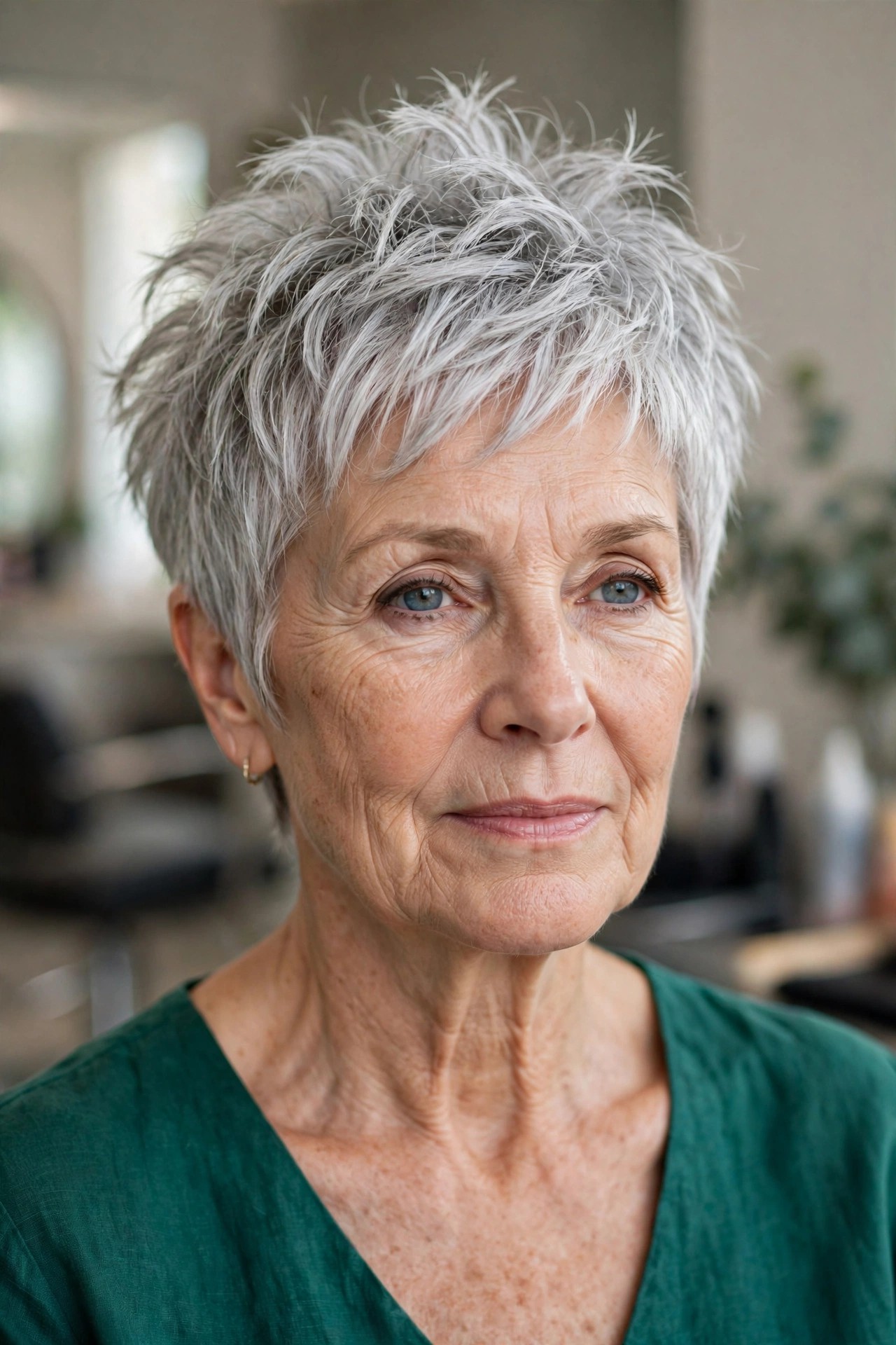 Choppy Gray Pixie with Extra Crown Volume on a woman over 50 - short choppy haircut with volume, idea 15