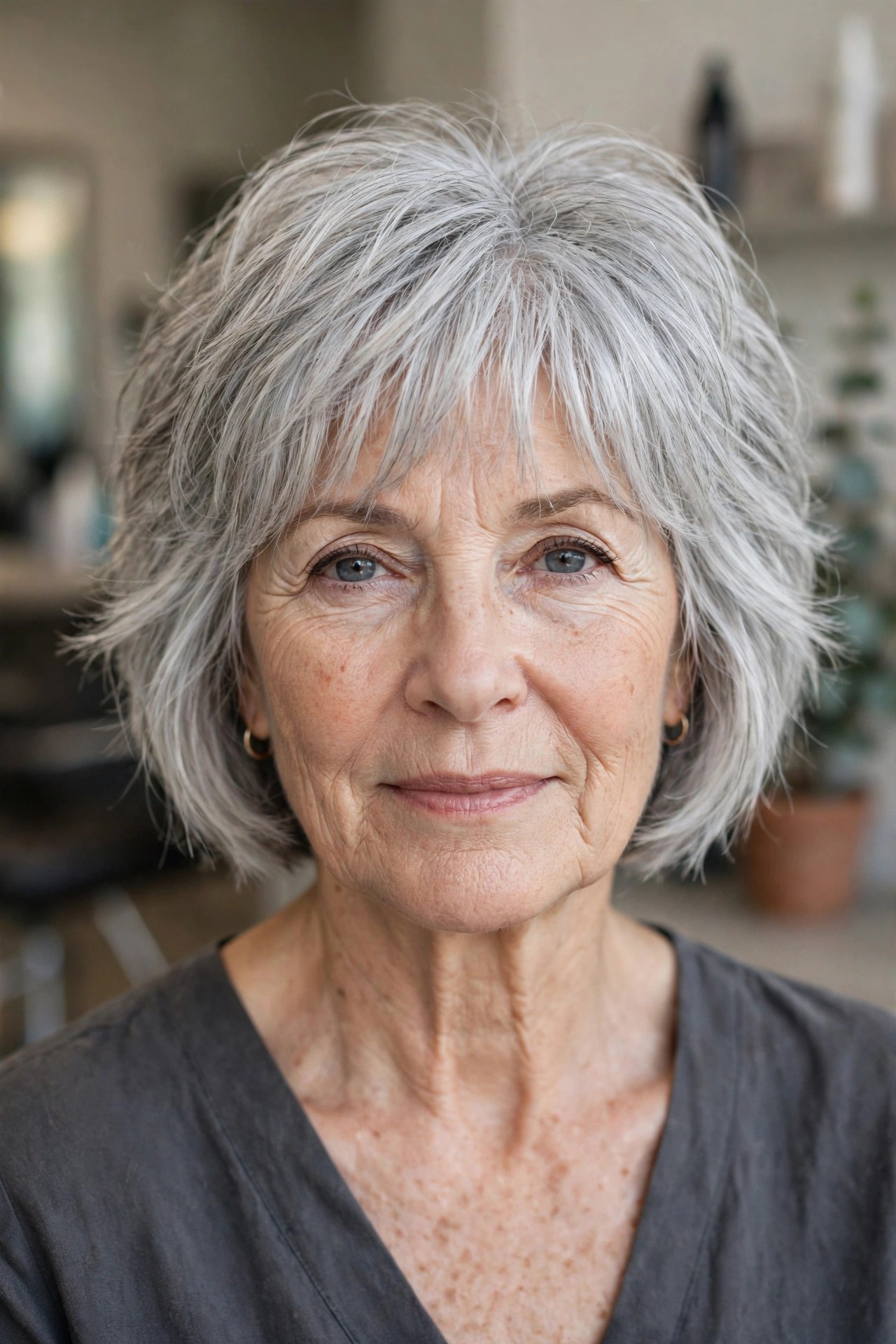 Silver Choppy Bob on a woman over 50 - short choppy haircut with volume, idea 6