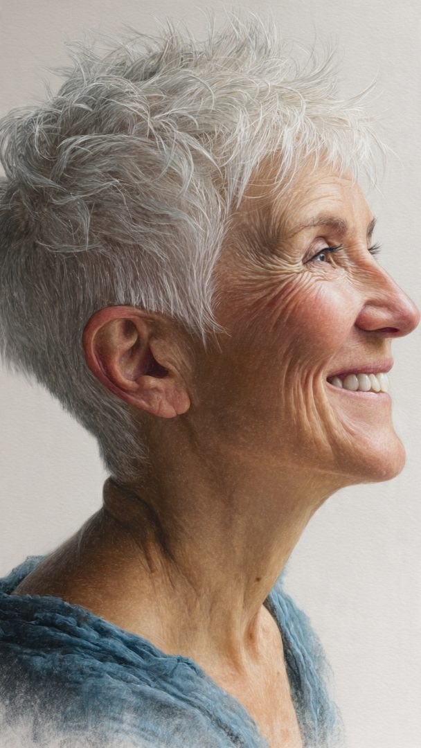 The Curly White Crop in Profile — short hairstyle for coarse gray hair on a woman over 70