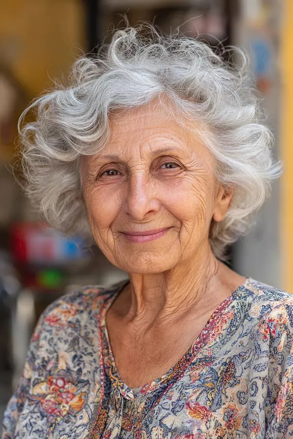 Classic White Curls, Cut Short and Neat — short hairstyle for coarse gray hair on a woman over 70