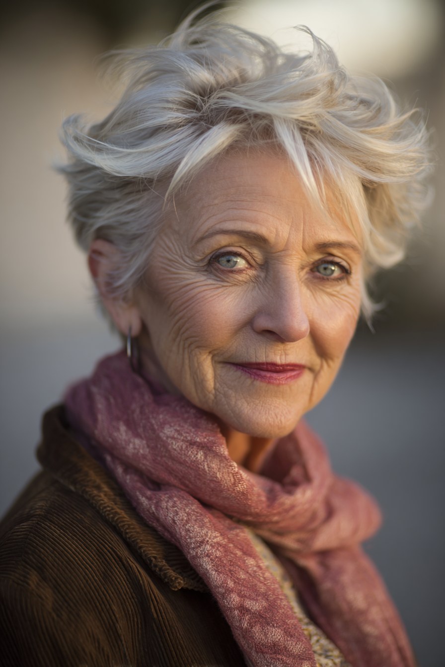 Textured White Pixie-Bob With Lifted Roots — short hairstyle for coarse gray hair on a woman over 70