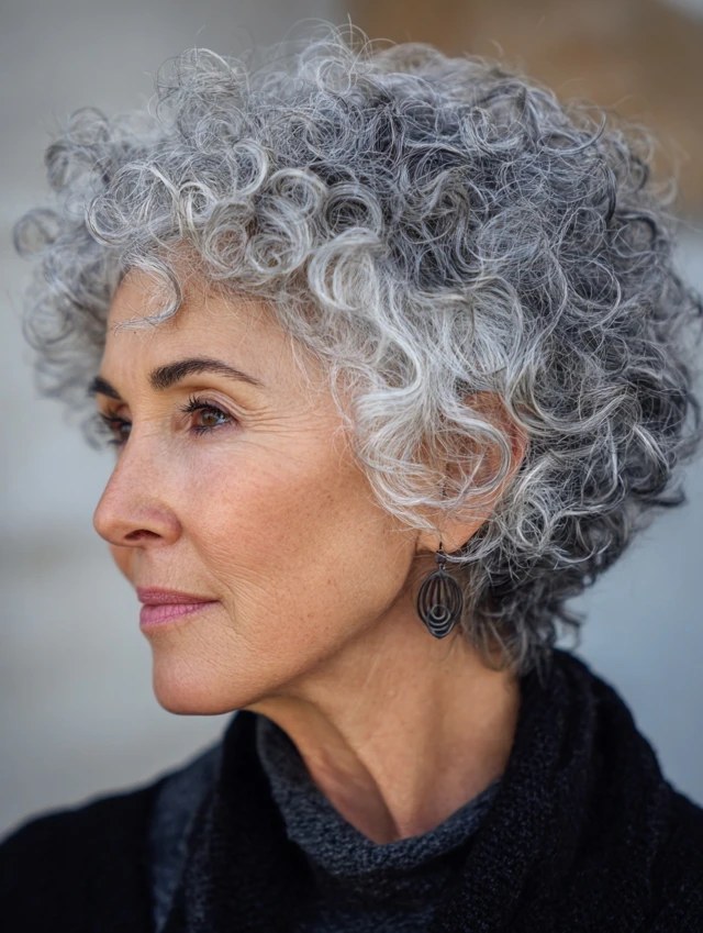 Tight Gray Curls Clipped Into a Soft Halo — short hairstyle for coarse gray hair on a woman over 70