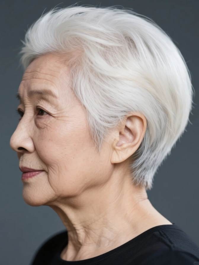 Sleek White Crop With a Smooth Silhouette — short hairstyle for coarse gray hair on a woman over 70