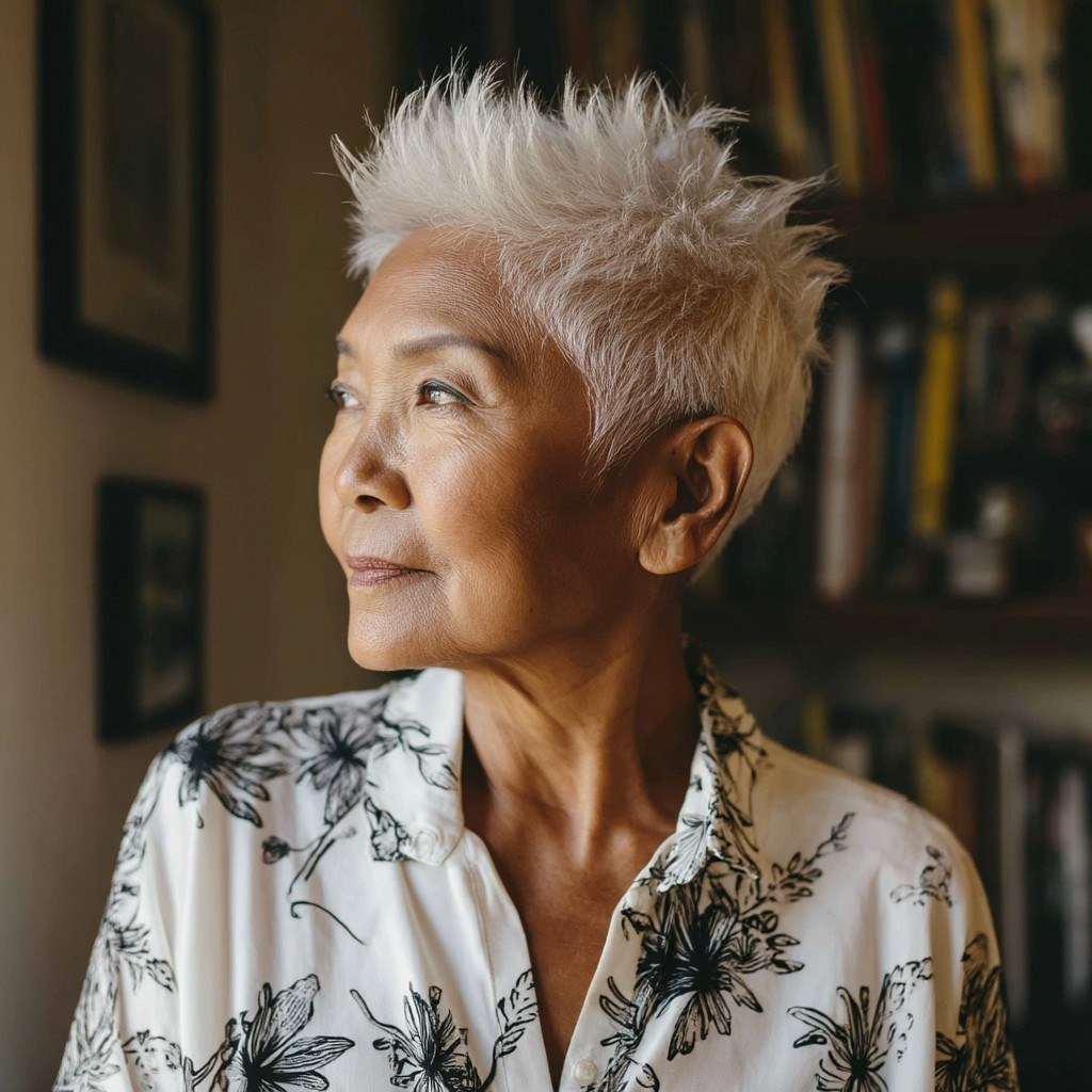 Edgy Spiked Pixie in Silver-White — short hairstyle for coarse gray hair on a woman over 70