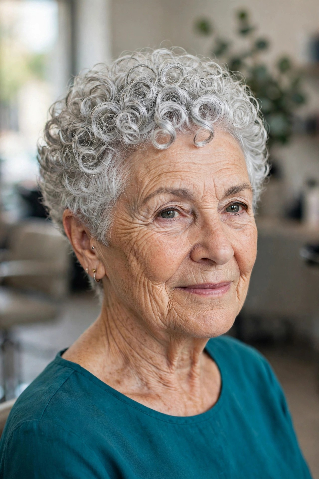 Classic Silver Curly Crop - short curly gray hairstyle for a woman over 60