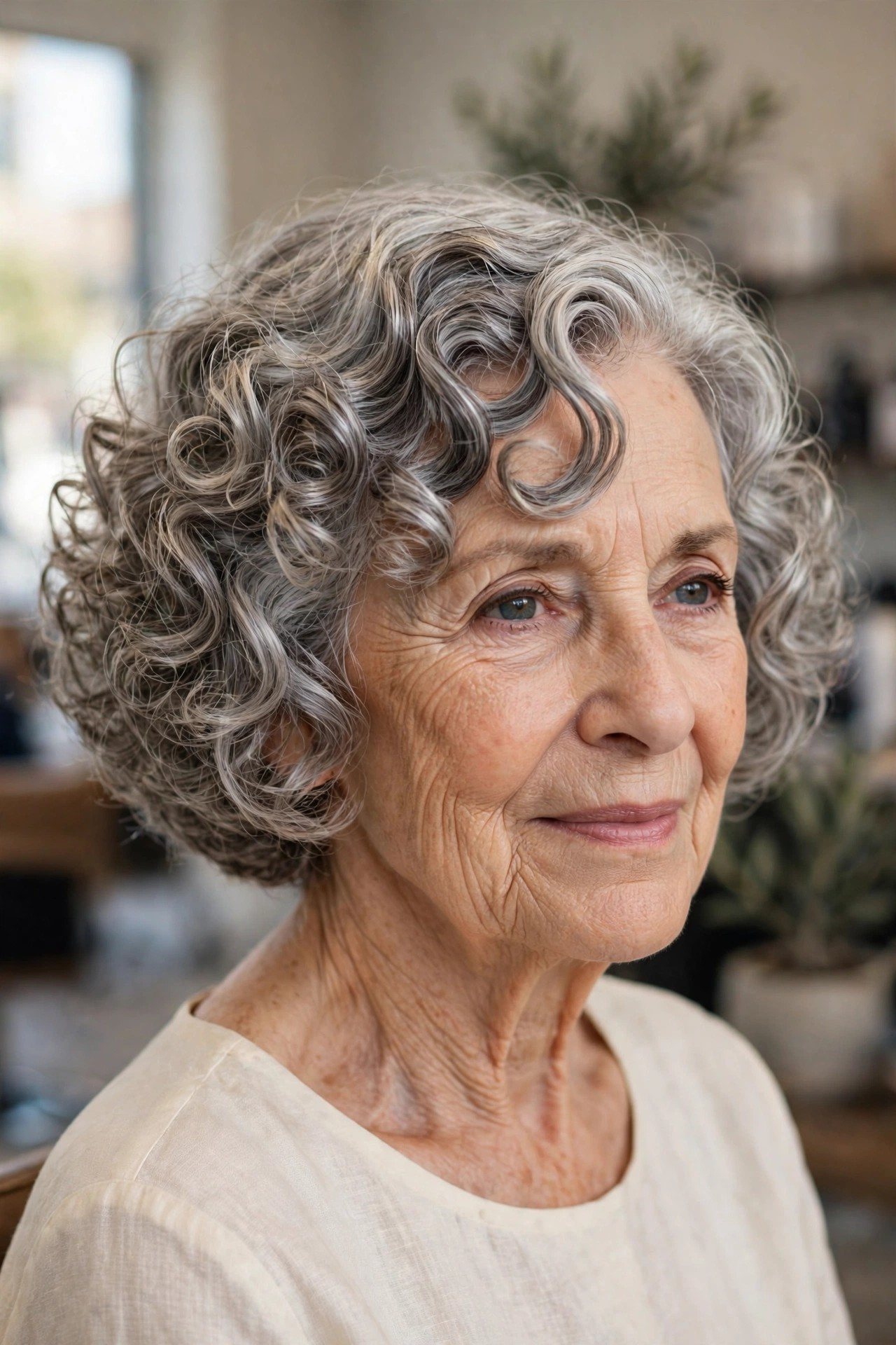Deep Side-Part Curly Bob - short curly gray hairstyle for a woman over 60