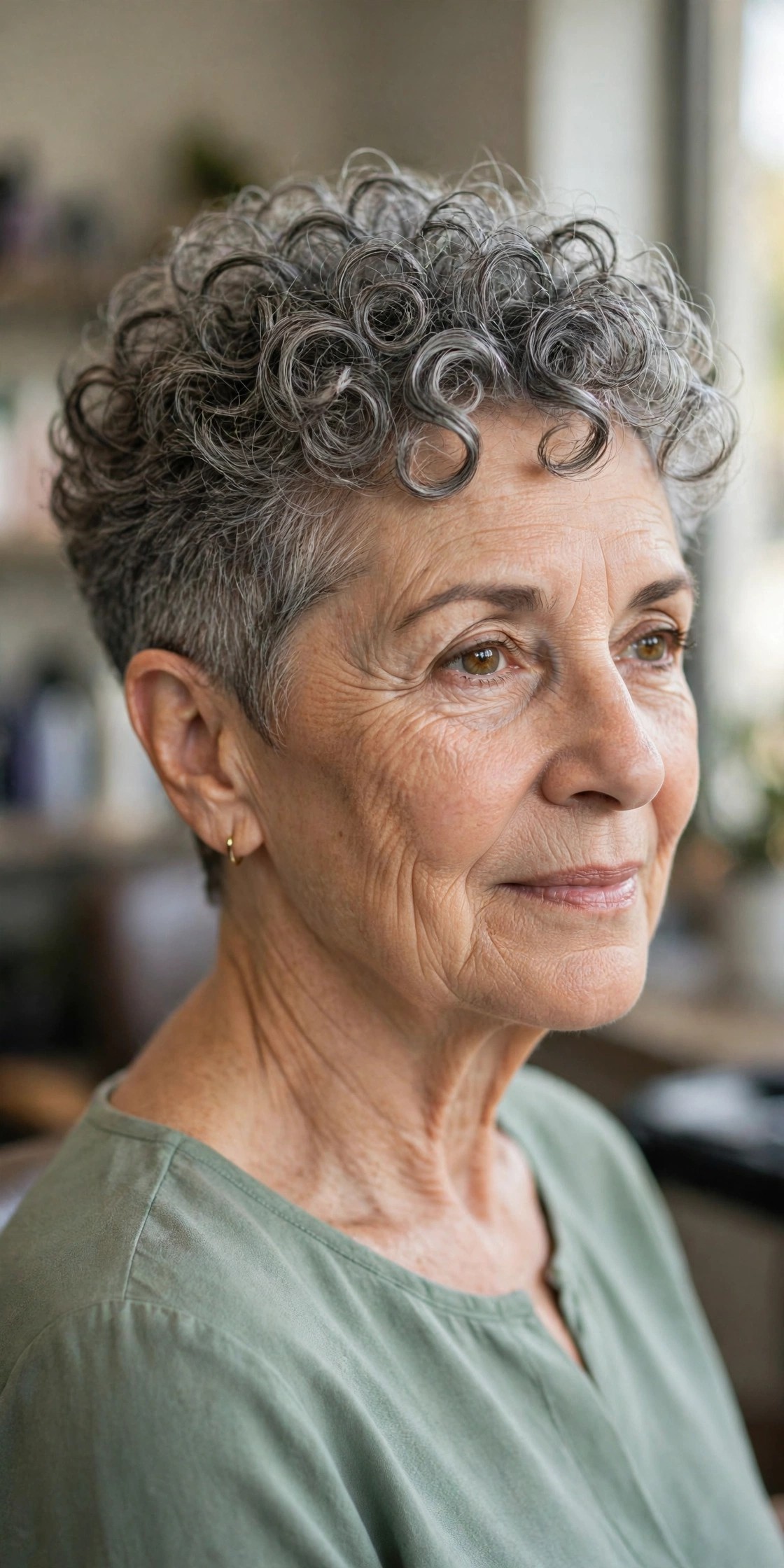Curly Crop with a Tapered Nape - short curly gray hairstyle for a woman over 60