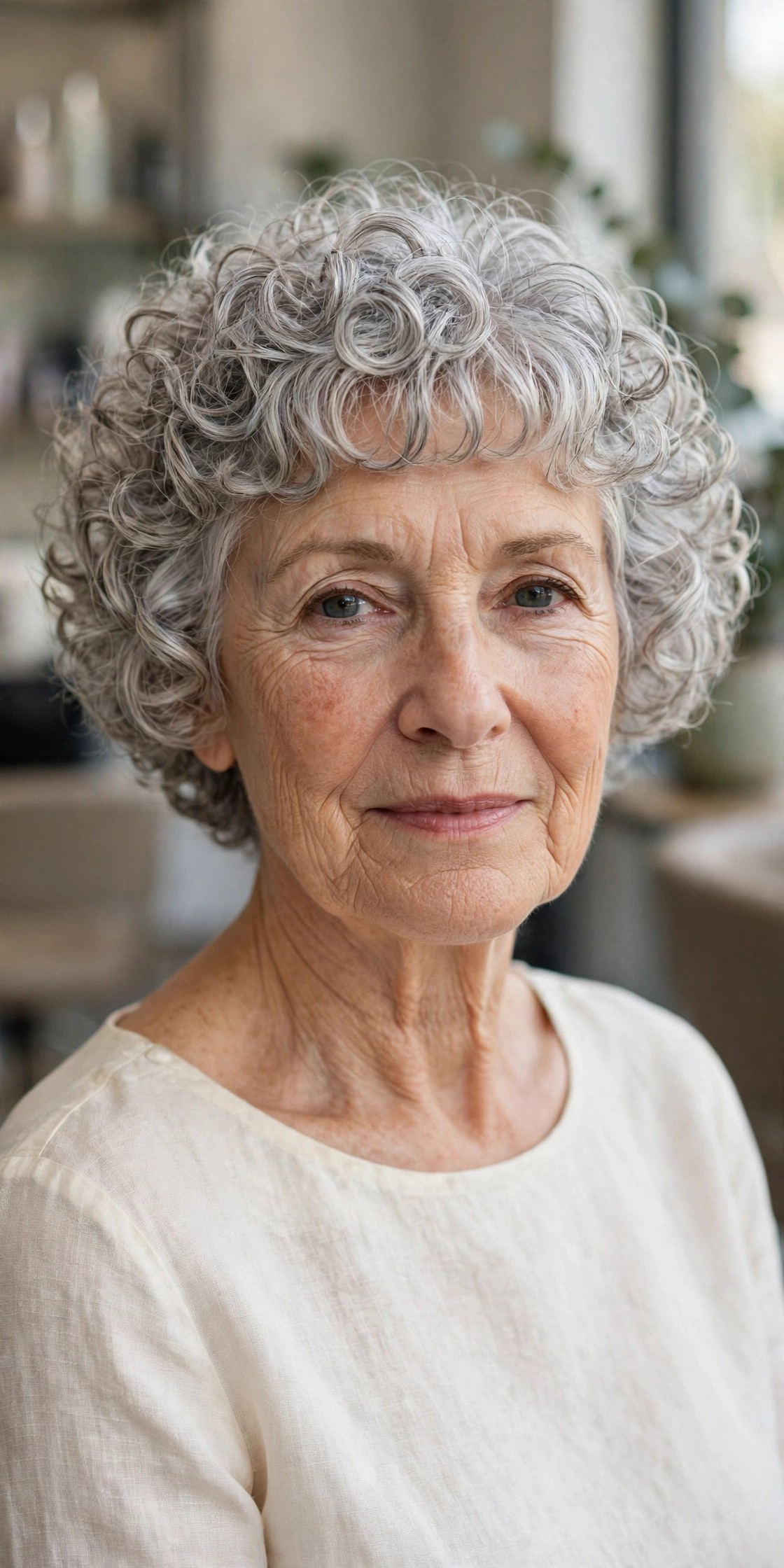 Soft Curly French Bob - short curly gray hairstyle for a woman over 60