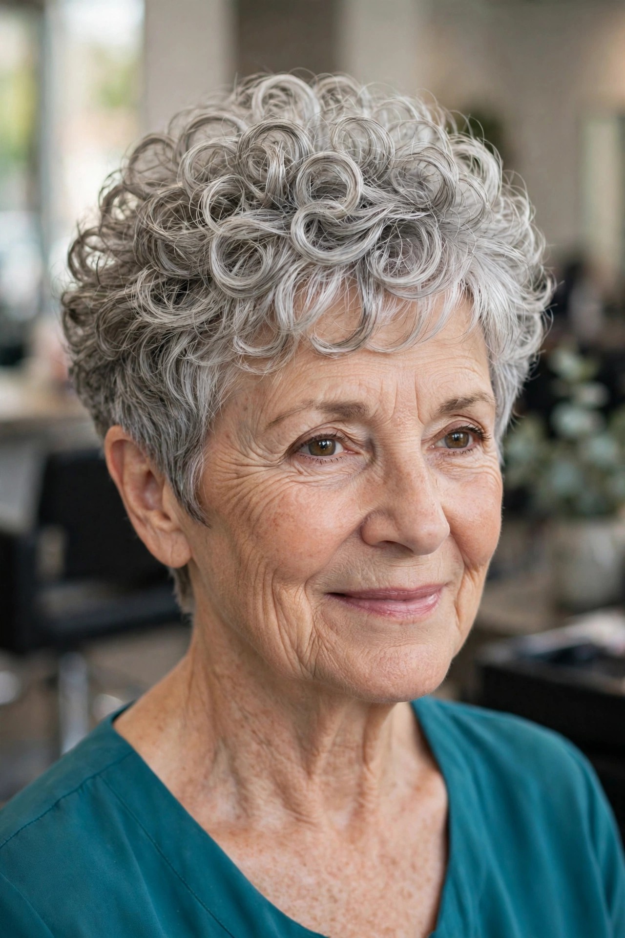 Layered Curly Pixie with Crown Volume - short curly gray hairstyle for a woman over 60