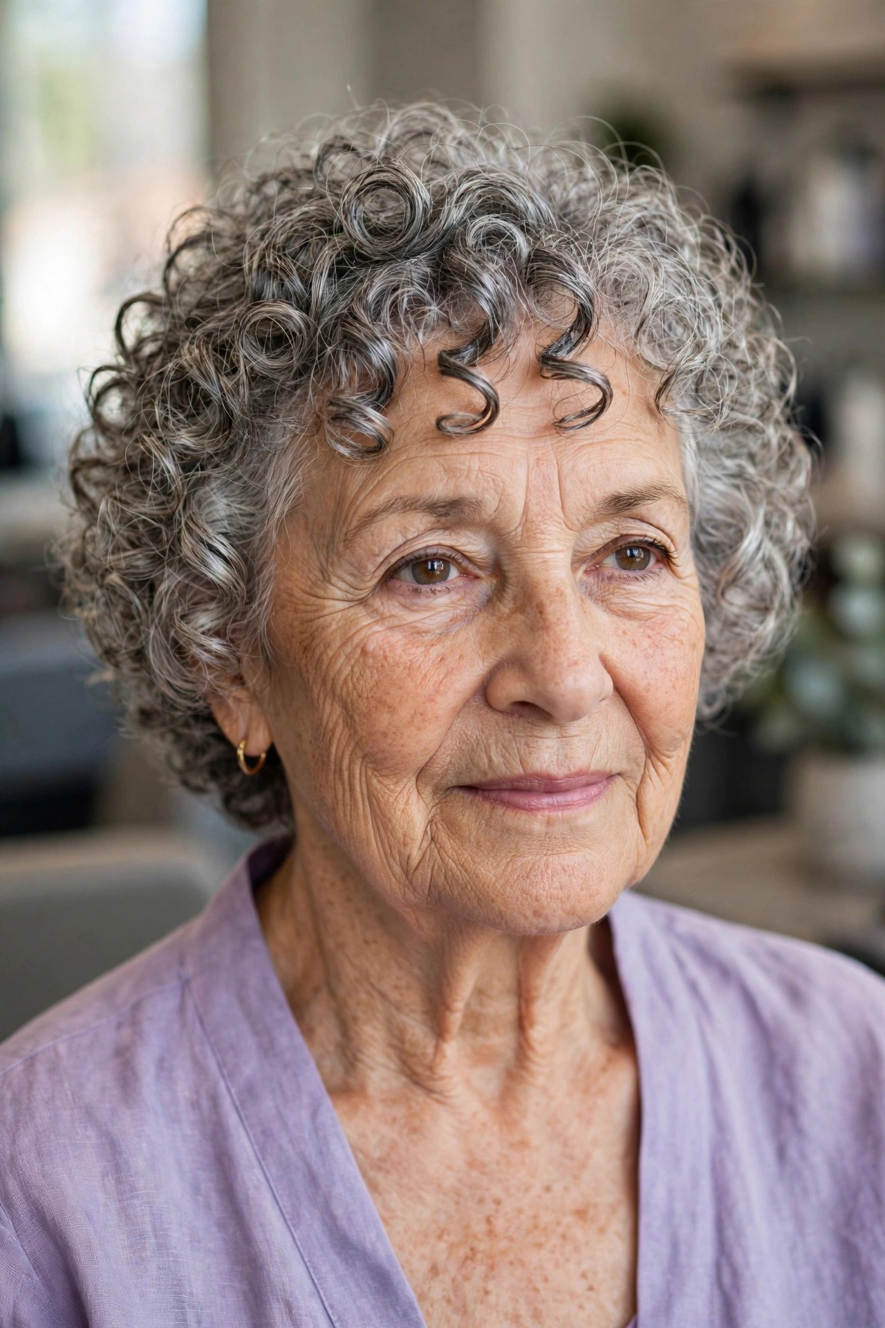 Short Curls with Soft Curly Bangs - short curly gray hairstyle for a woman over 60