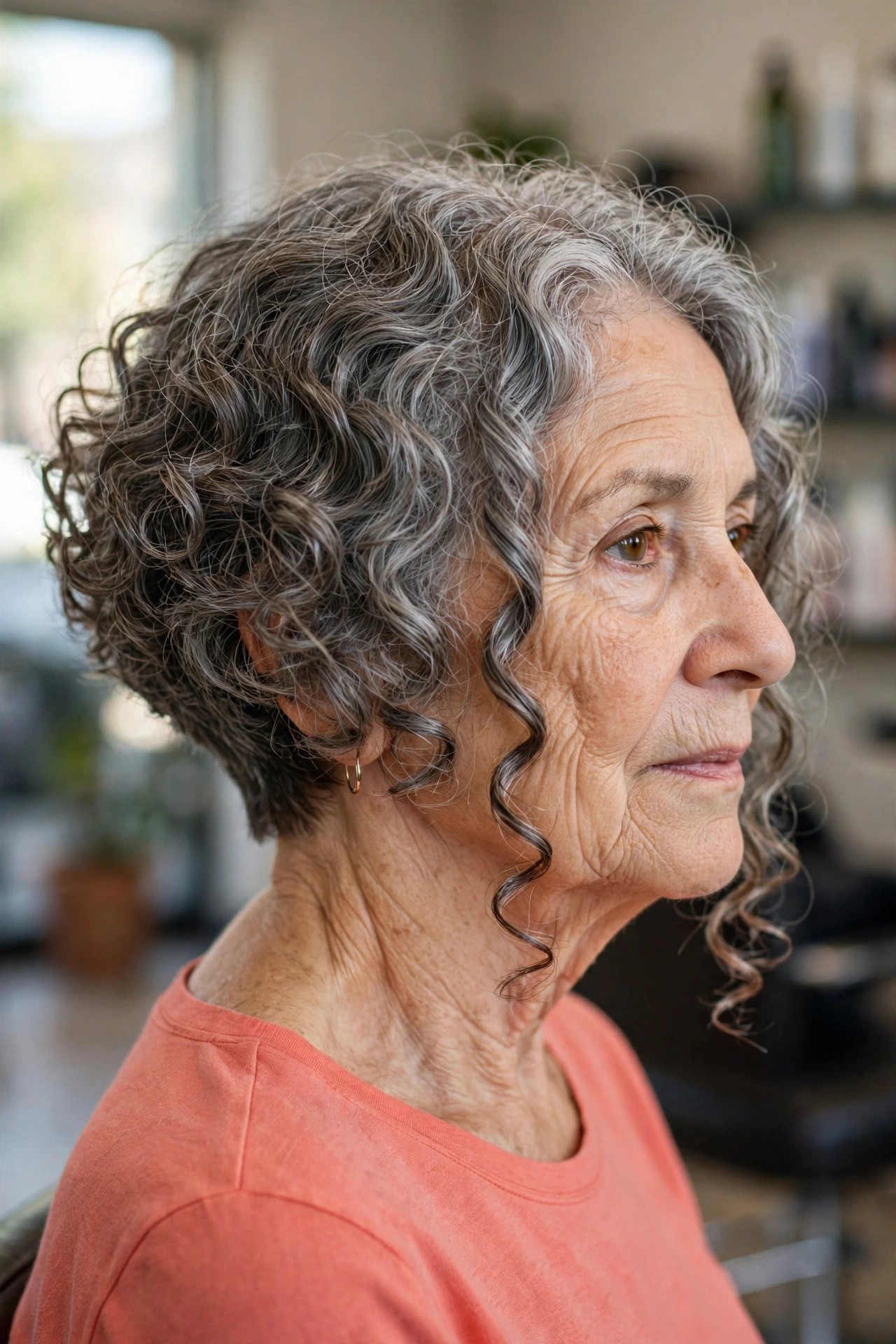 Inverted Curly Bob - short curly gray hairstyle for a woman over 60