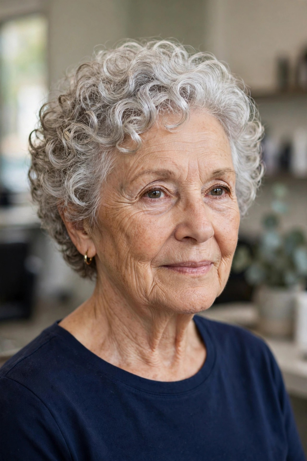 Ear-Length Curly Crop - short curly gray hairstyle for a woman over 60