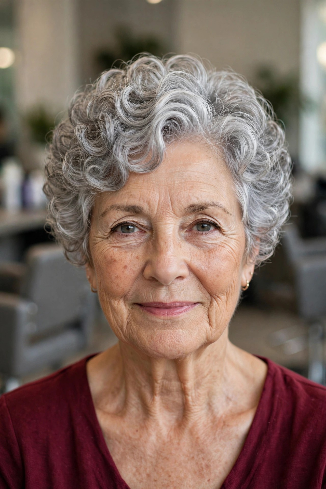 Silver Curly Wedge - short curly gray hairstyle for a woman over 60