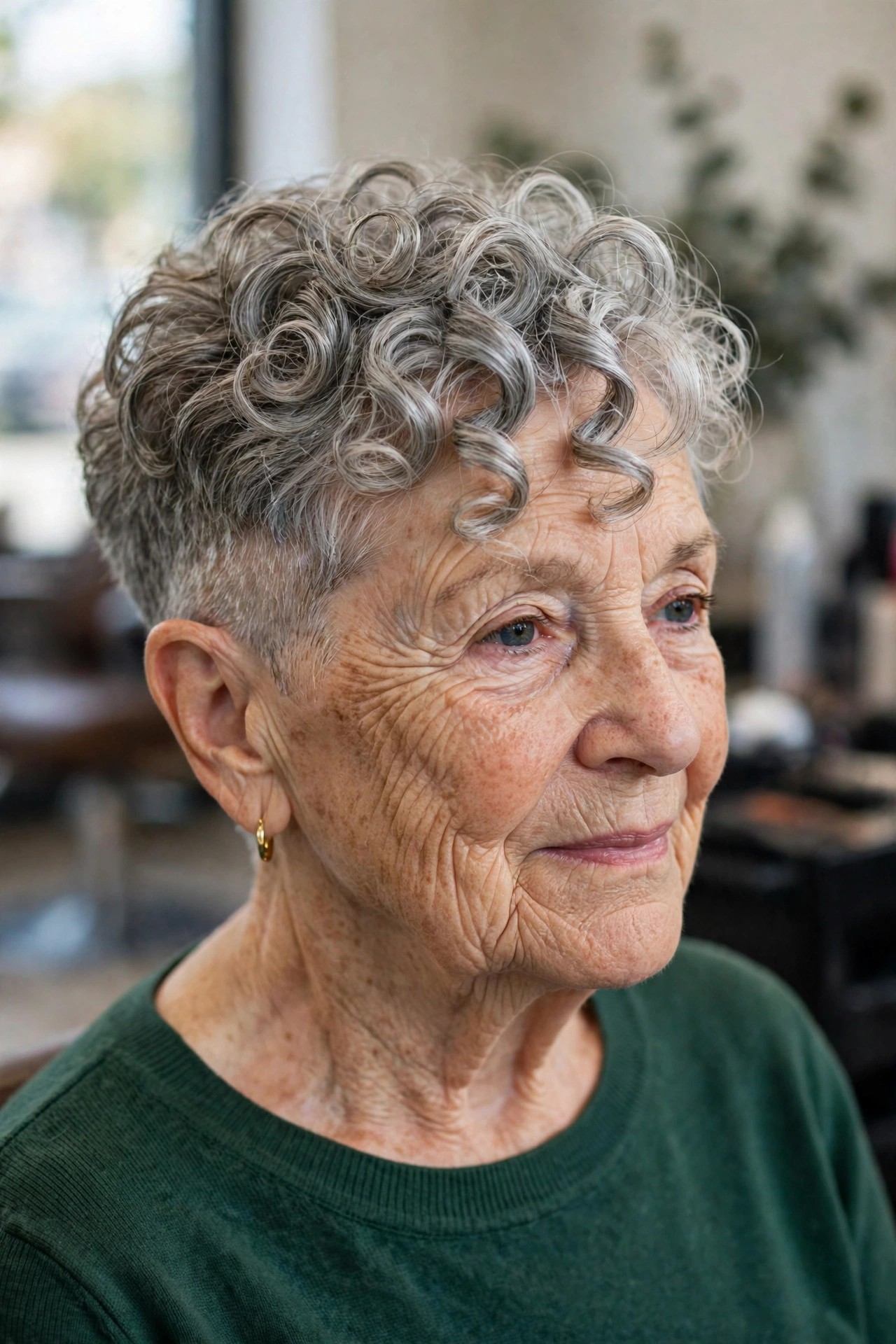 Tapered Sides with a Long Curly Top - short curly gray hairstyle for a woman over 60