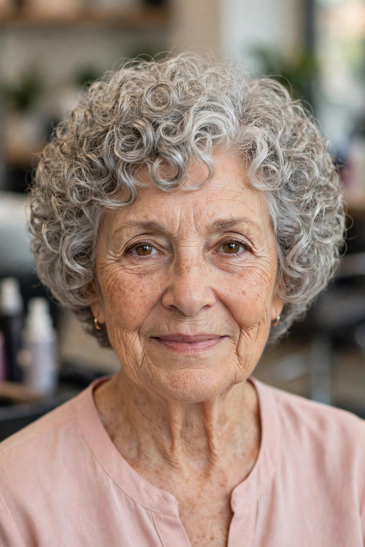 Wash-and-Go Curly Cut with Rounded Layers - short curly gray hairstyle for a woman over 60