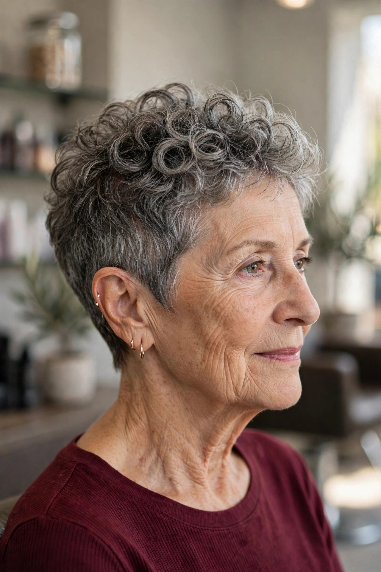 Tapered Salt-and-Pepper Curly Pixie - short curly gray hairstyle for a woman over 60