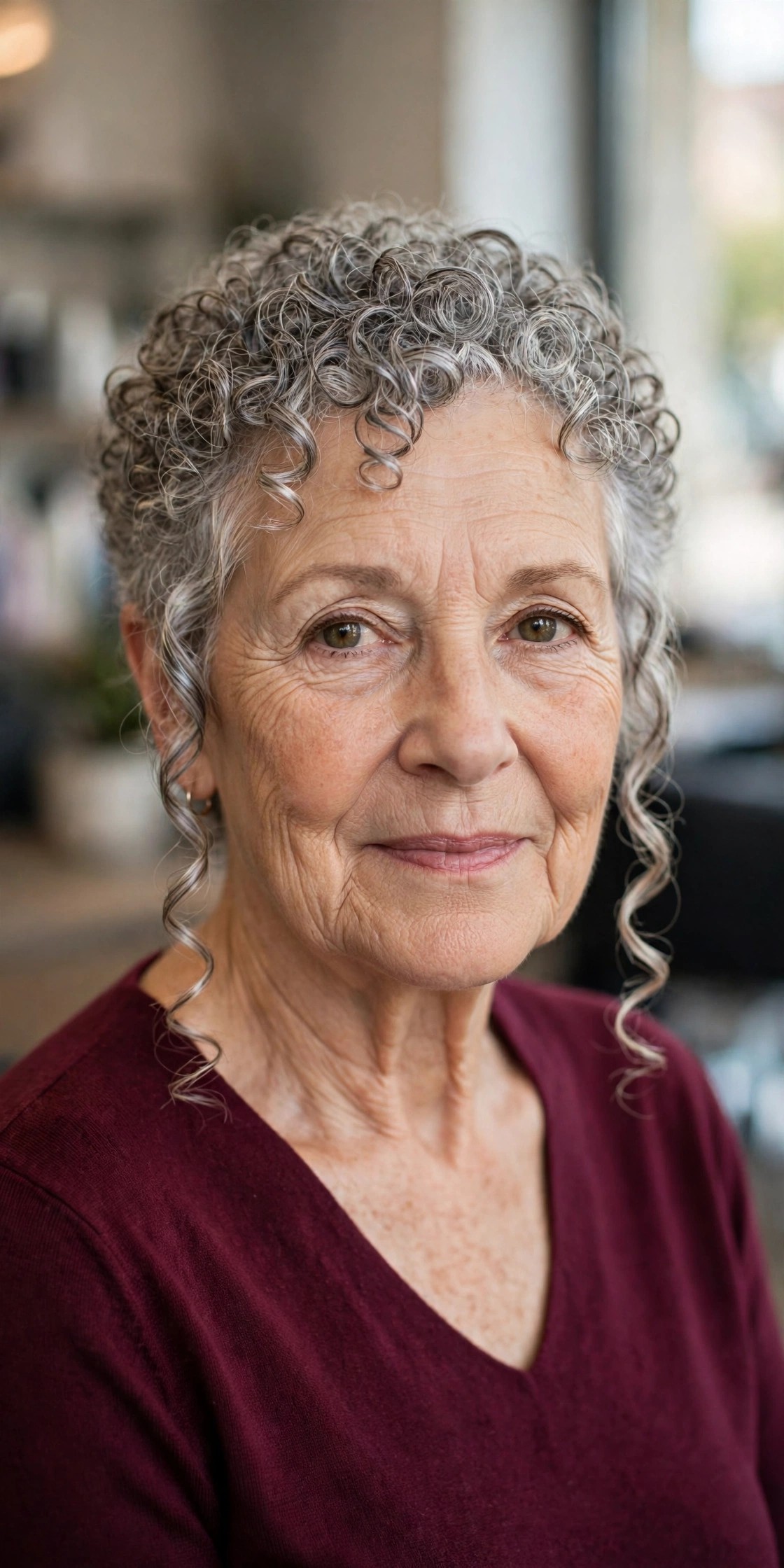 Face-Framing Curly Crop with Tendrils - short curly gray hairstyle for a woman over 60