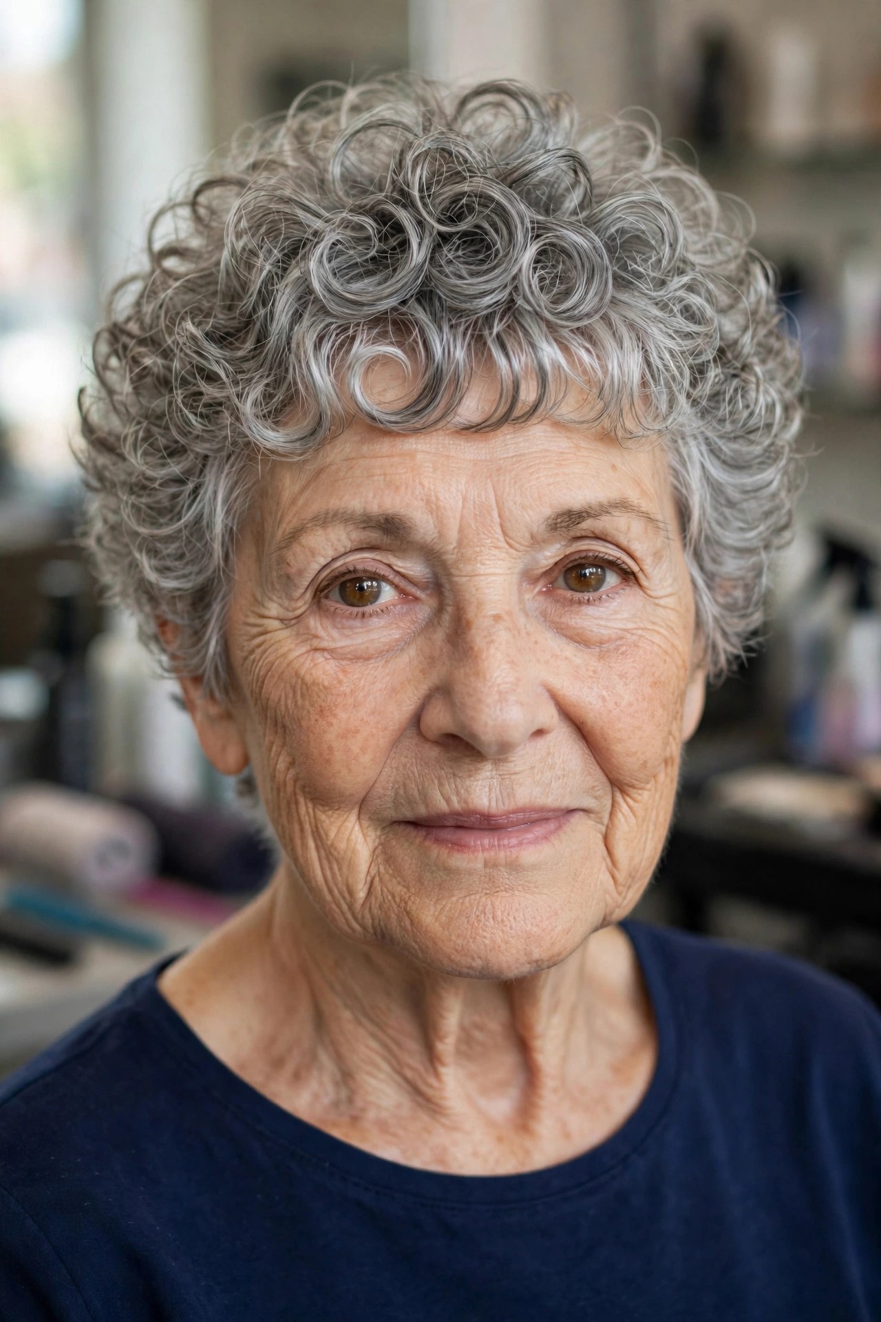 Curly Pixie with a Full Curly Fringe - short curly gray hairstyle for a woman over 60