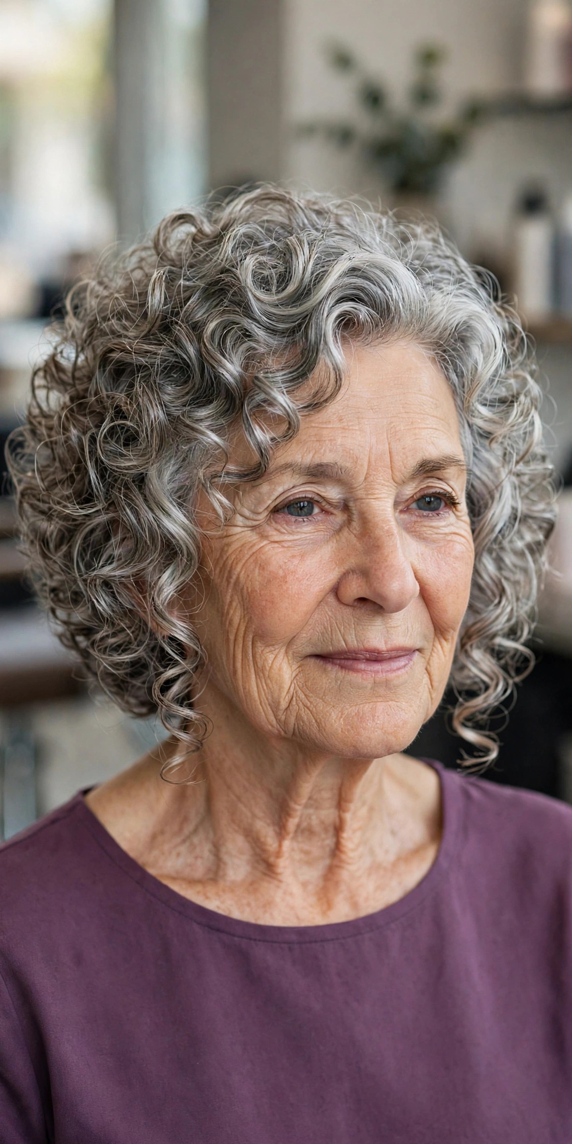 Stacked Curly Bob with a Lifted Back - short curly gray hairstyle for a woman over 60