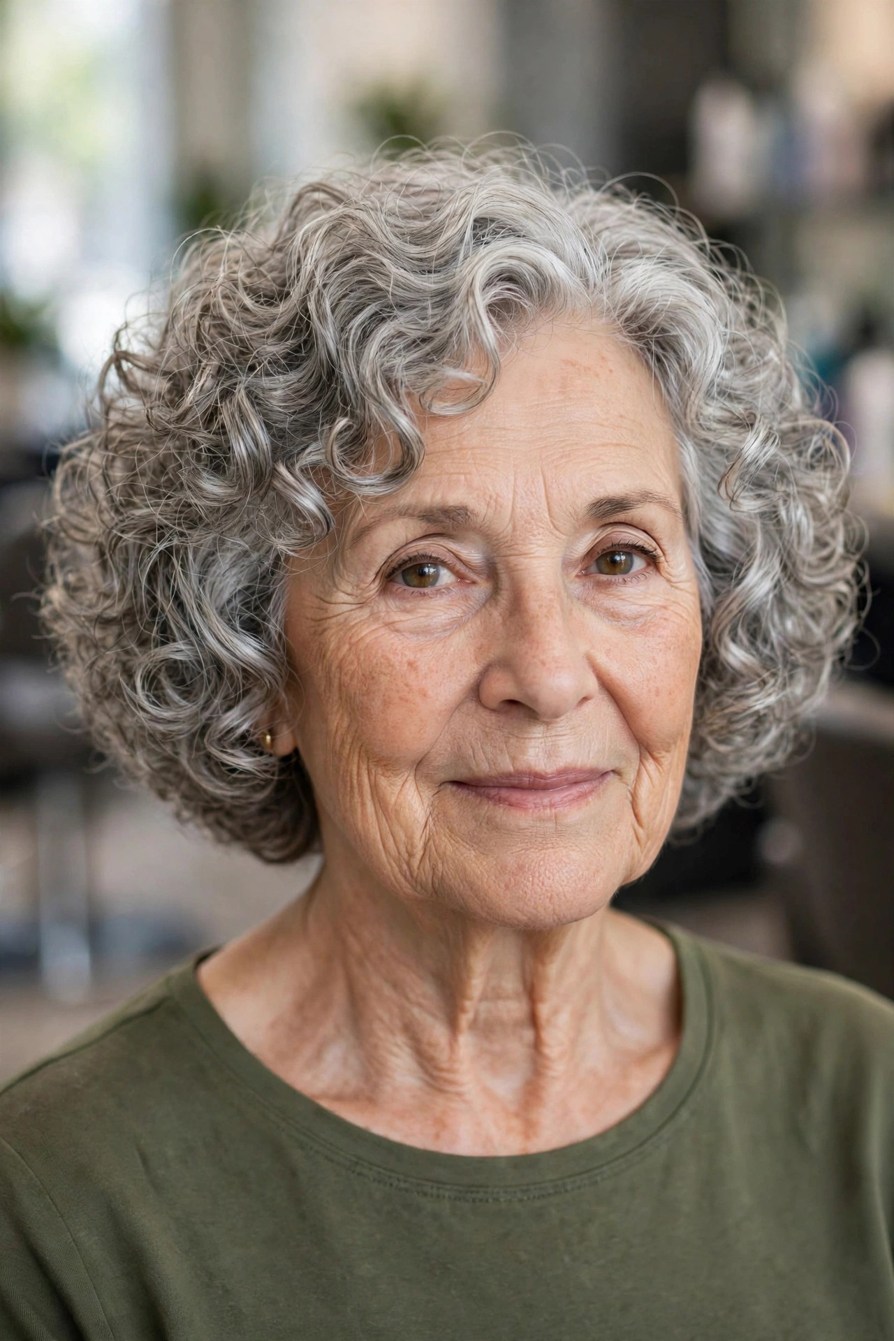 Rounded Chin-Length Curly Bob - short curly gray hairstyle for a woman over 60
