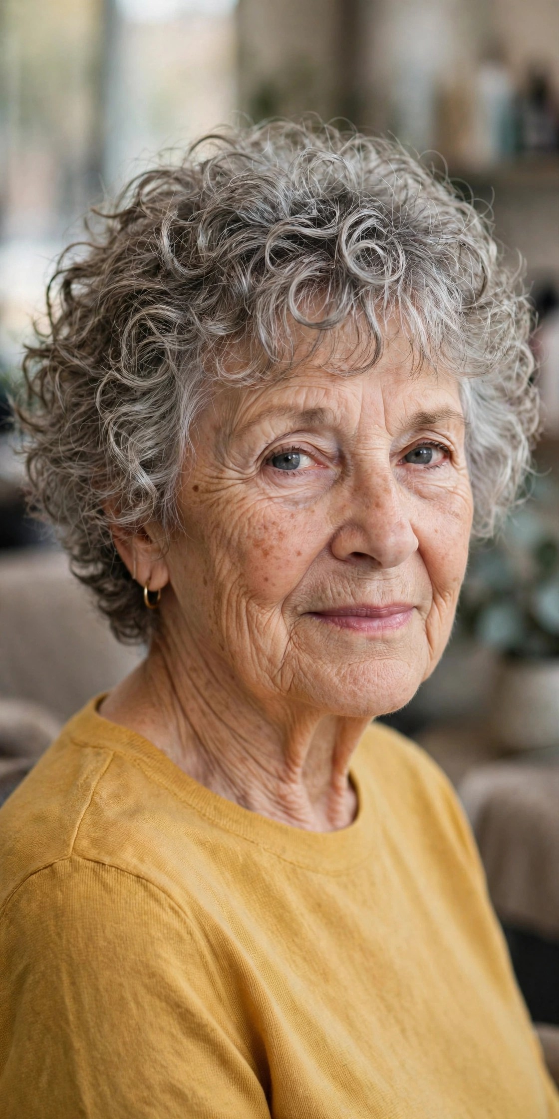 Short Curly Shag with Wispy Ends - short curly gray hairstyle for a woman over 60