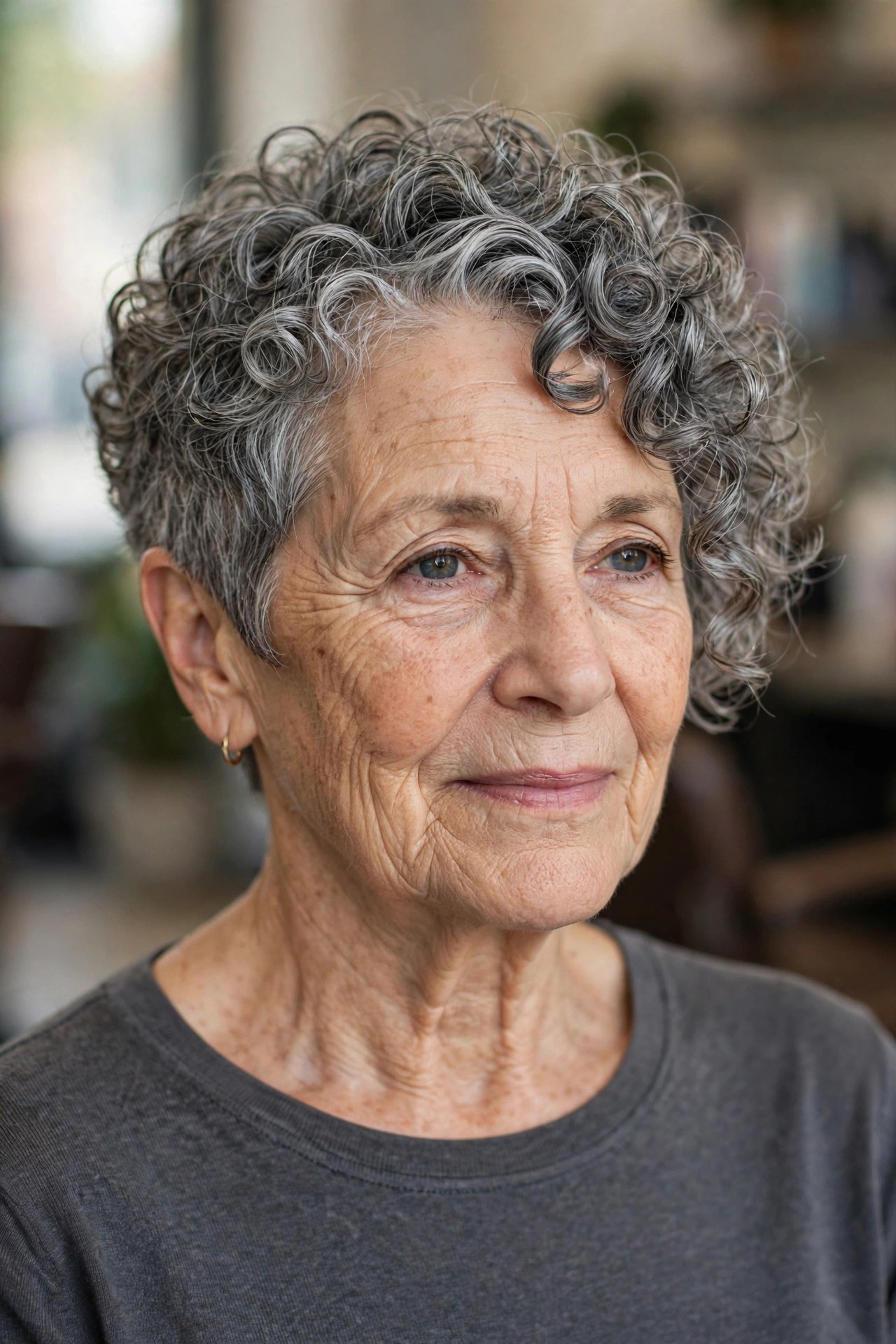 Asymmetrical Curly Crop - short curly gray hairstyle for a woman over 60