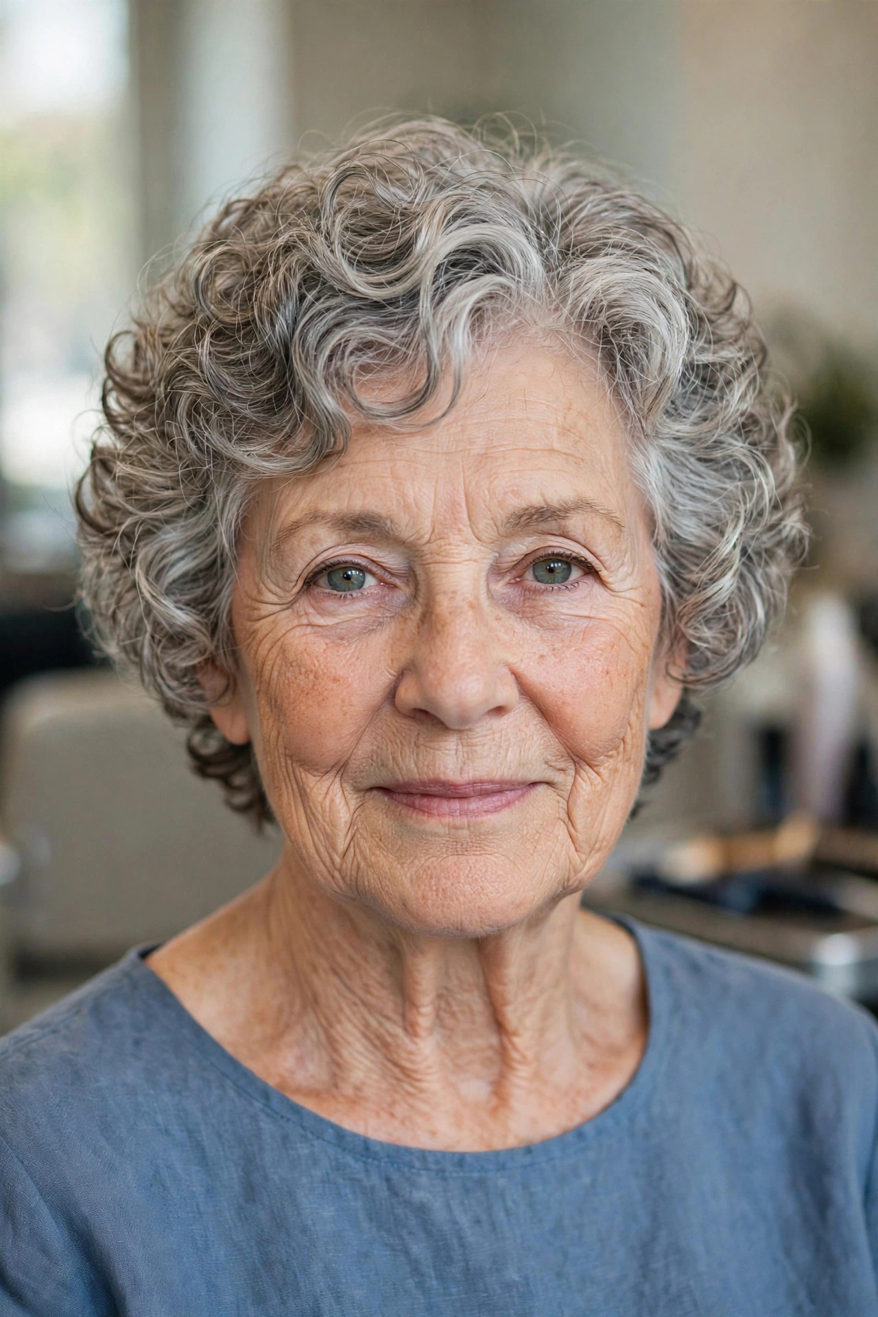 Curly Bixie with Ear-Length Sides - short curly gray hairstyle for a woman over 60