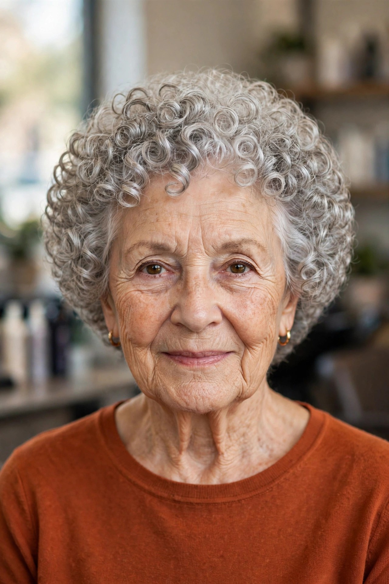 Halo Curly Cut with a Rounded Shape - short curly gray hairstyle for a woman over 60