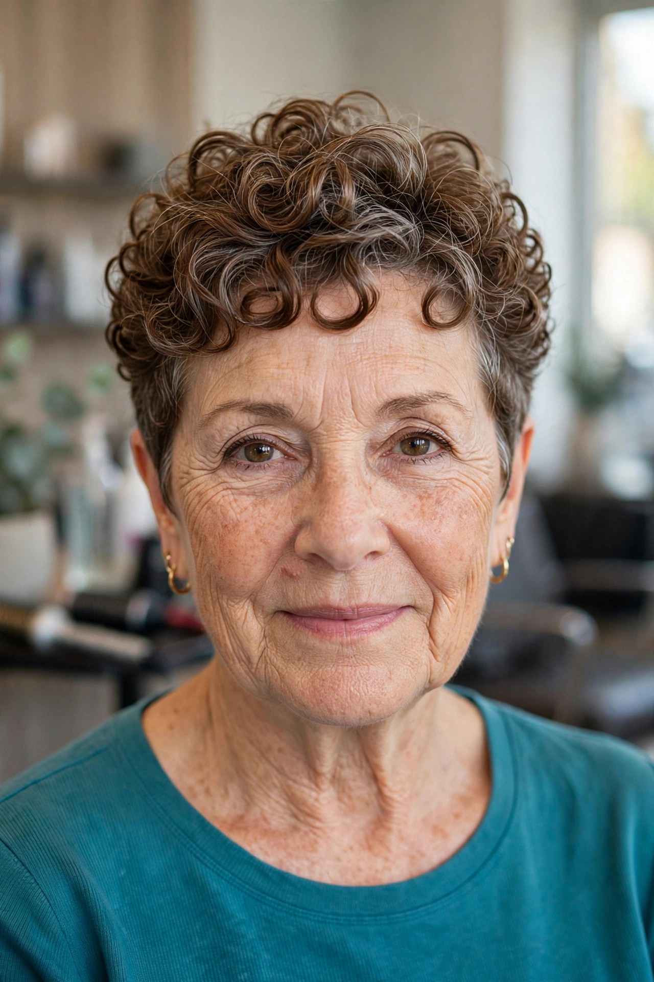 Classic Curly Pixie - short curly haircut for a woman over 50 that is easy to manage