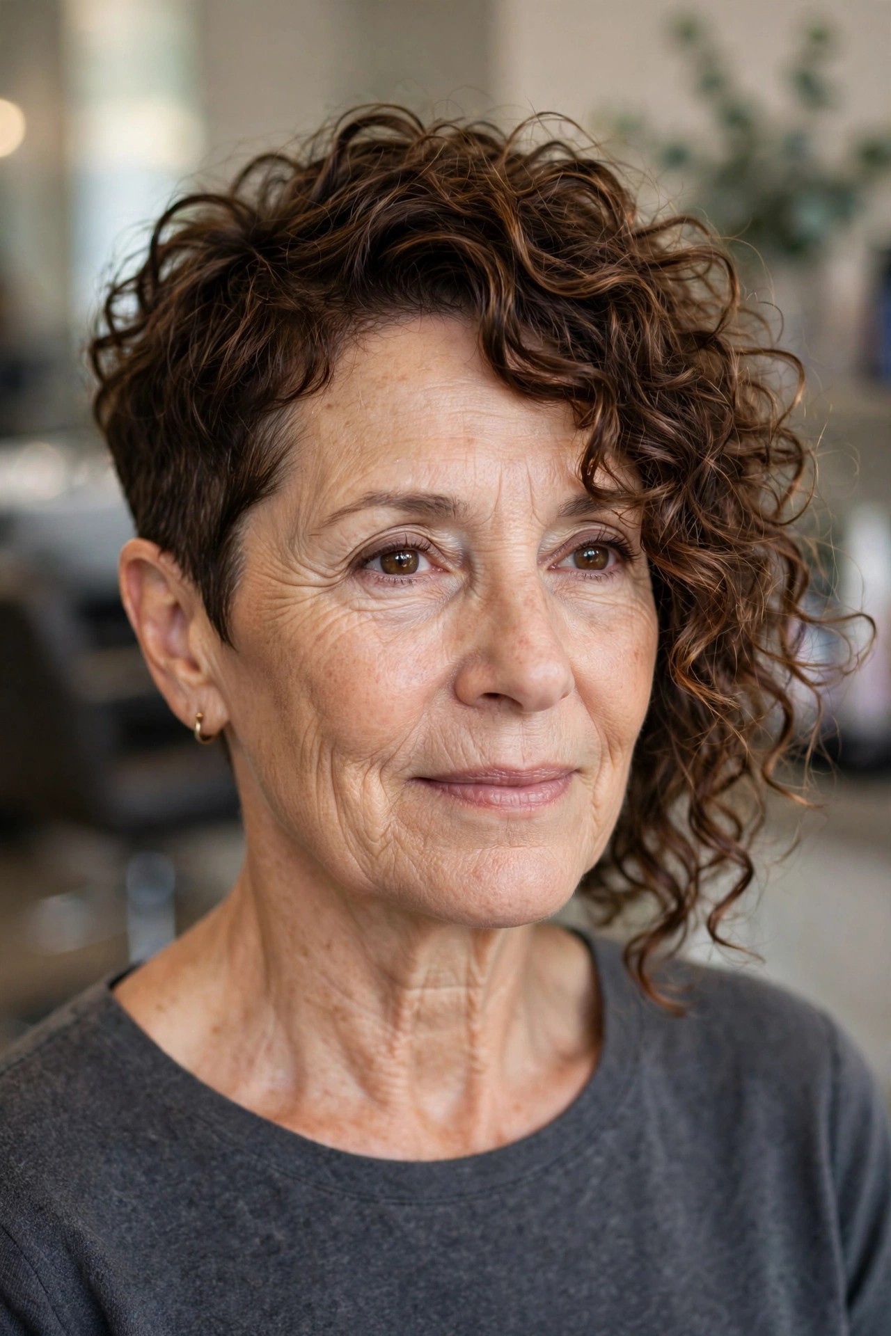 Asymmetrical Curly Cut - short curly haircut for a woman over 50 that is easy to manage