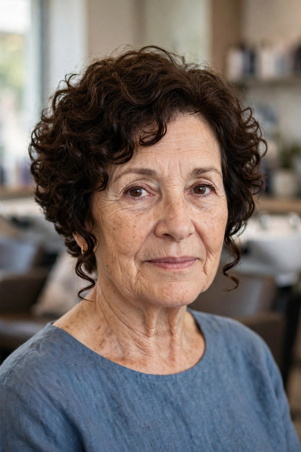Short Stacked Curly Bob - short curly haircut for a woman over 50 that is easy to manage
