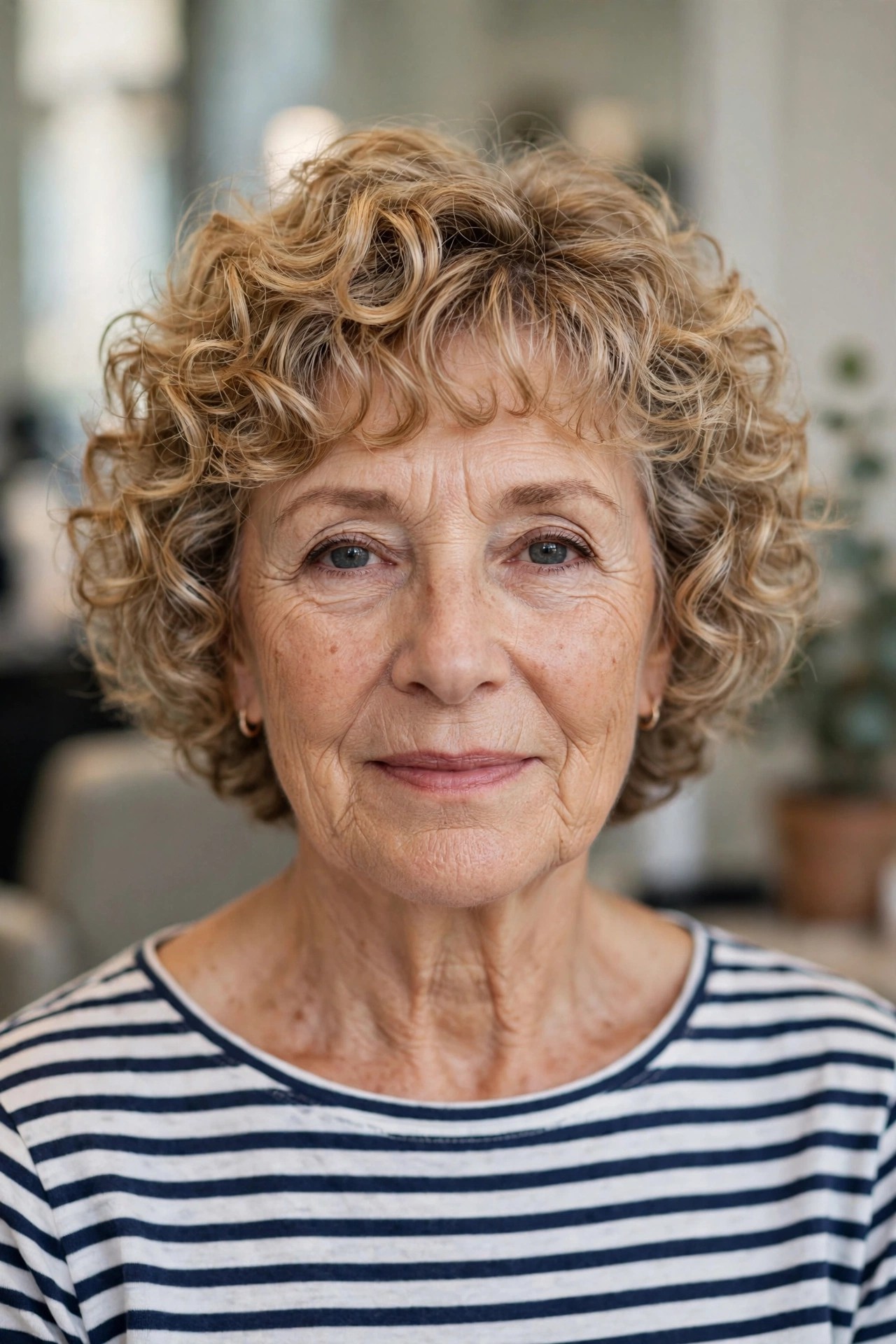 Curly French Bob - short curly haircut for a woman over 50 that is easy to manage