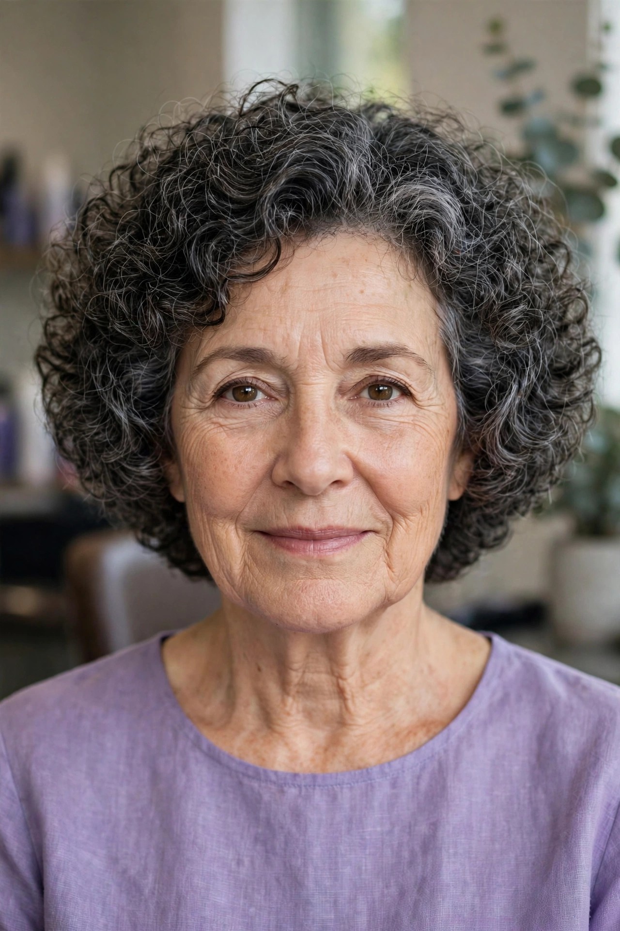 Rounded Curly Halo Cut - short curly haircut for a woman over 50 that is easy to manage