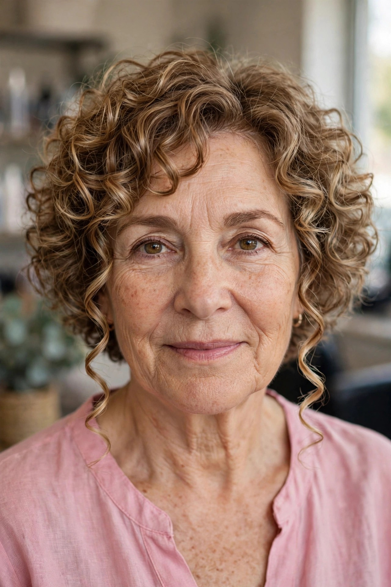 Curly Cut with Face-Framing Tendrils - short curly haircut for a woman over 50 that is easy to manage