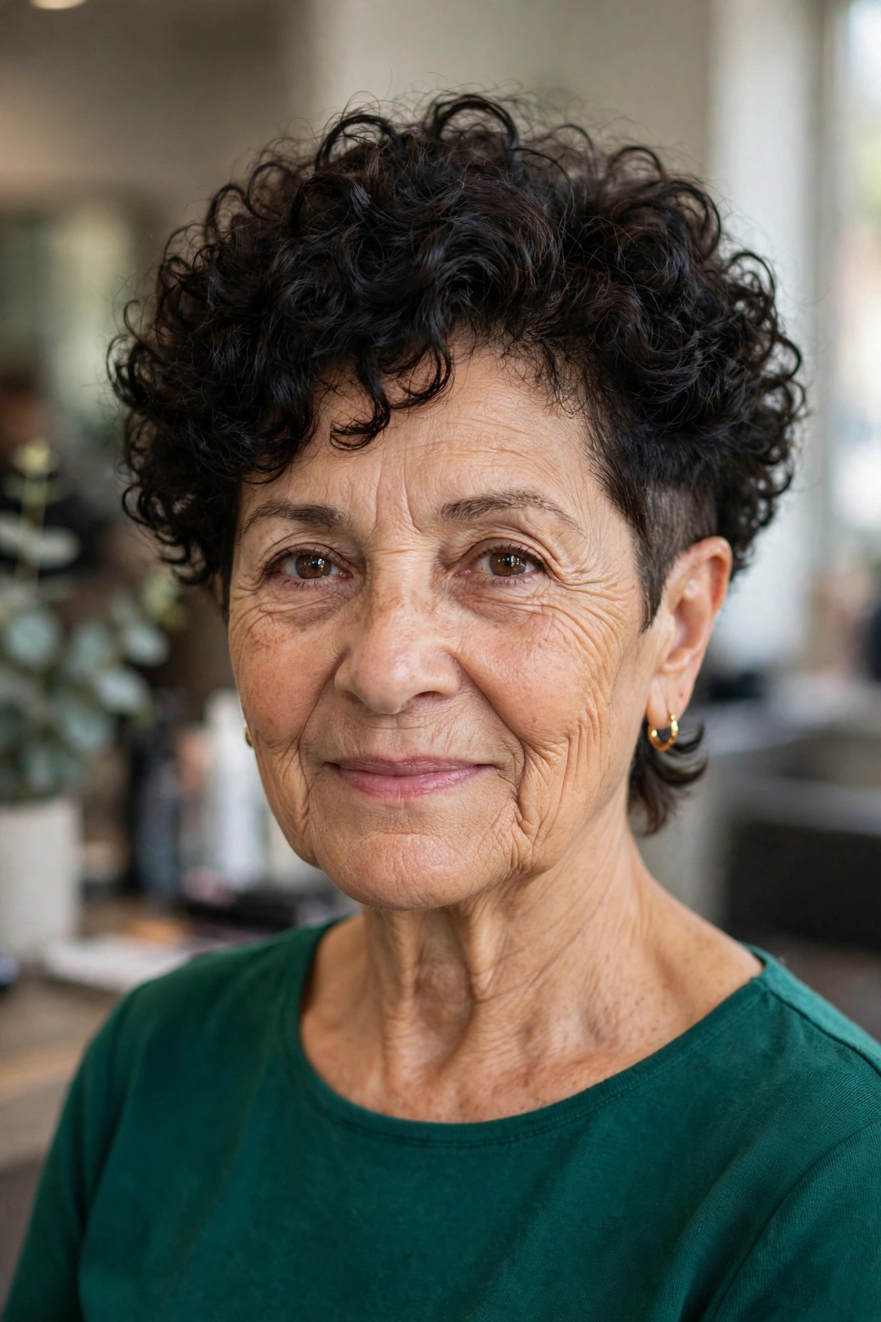 Curly Cut with a Tapered Nape - short curly haircut for a woman over 50 that is easy to manage