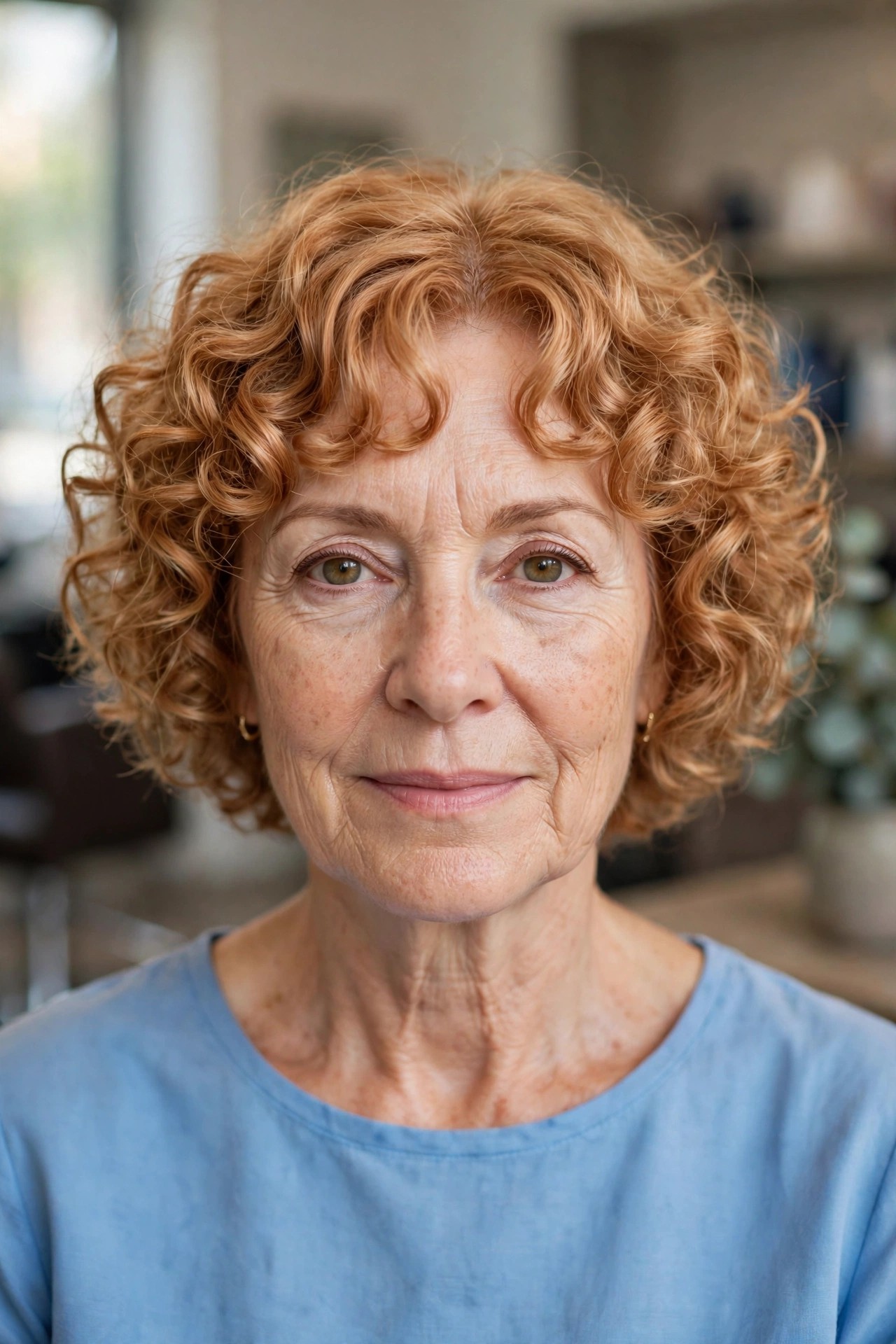 Curly Bob with Curtain Bangs - short curly haircut for a woman over 50 that is easy to manage
