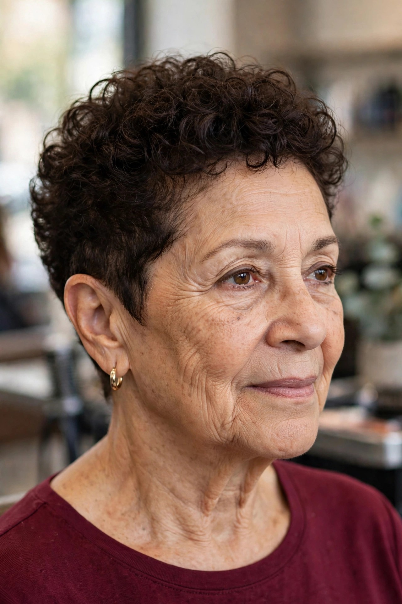 Tapered Curly Crop - short curly haircut for a woman over 50 that is easy to manage