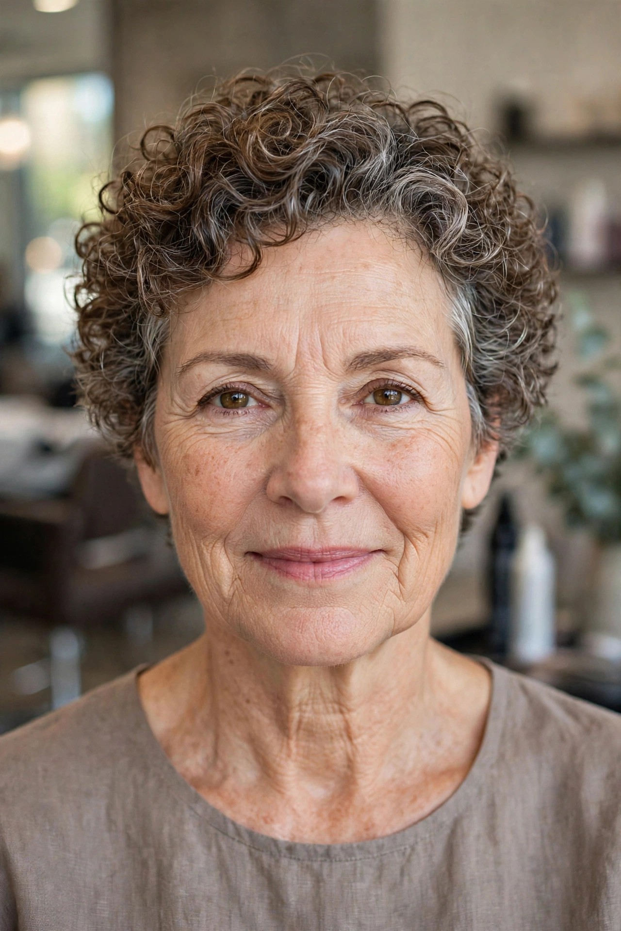 Gray-Blending Curly Crop - short curly haircut for a woman over 50 that is easy to manage