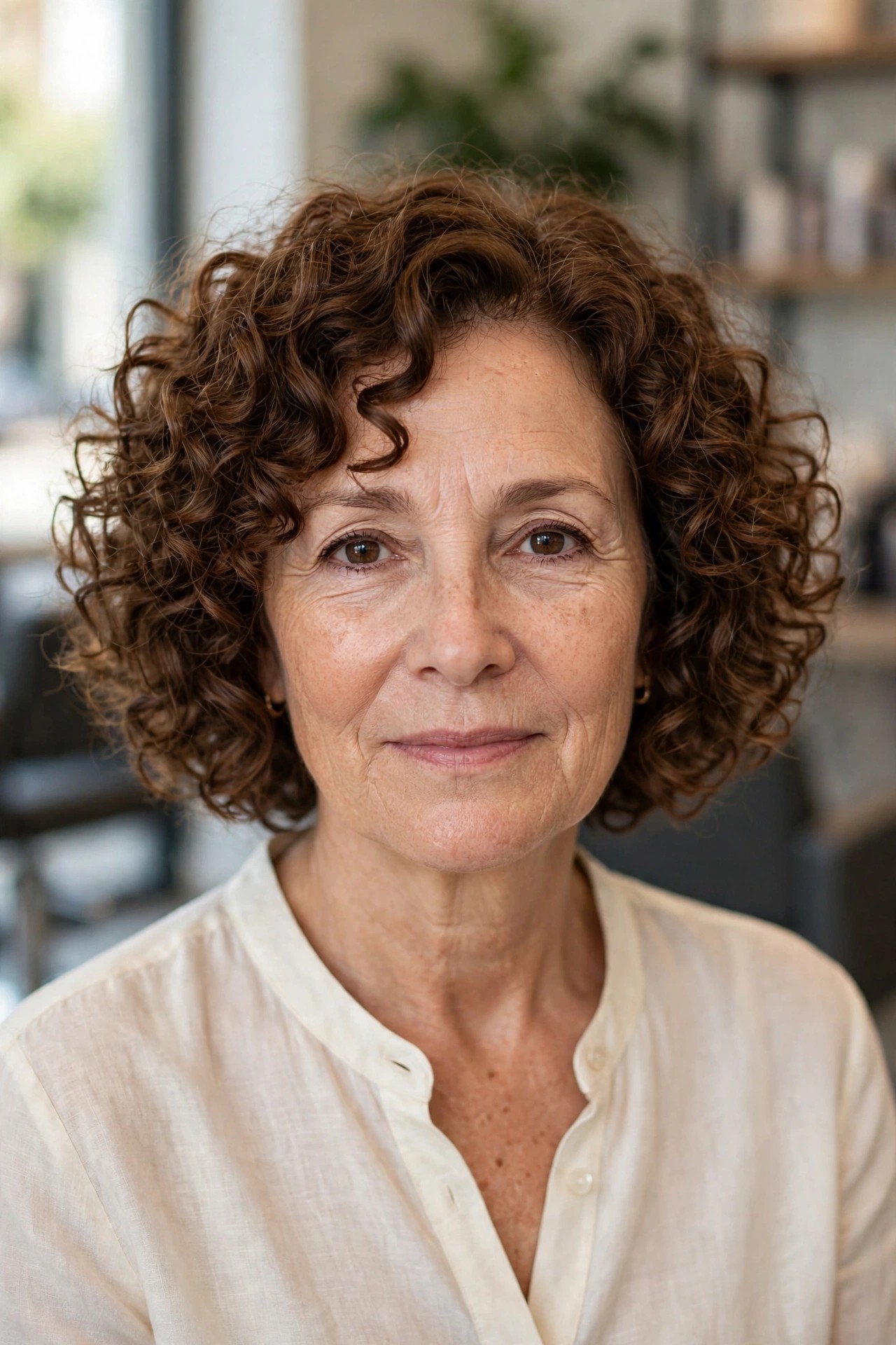 Chin-Length Curly Bob - short curly haircut for a woman over 50 that is easy to manage
