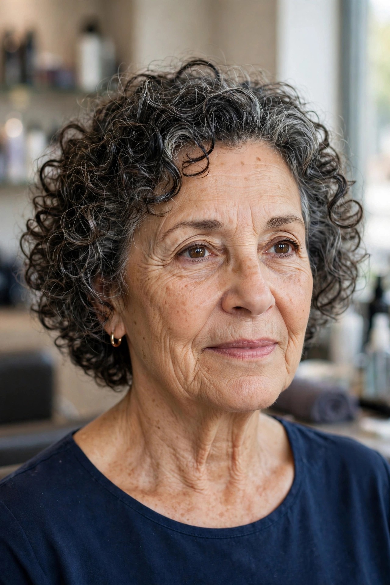 Wash-and-Go Short Curls - short curly haircut for a woman over 50 that is easy to manage