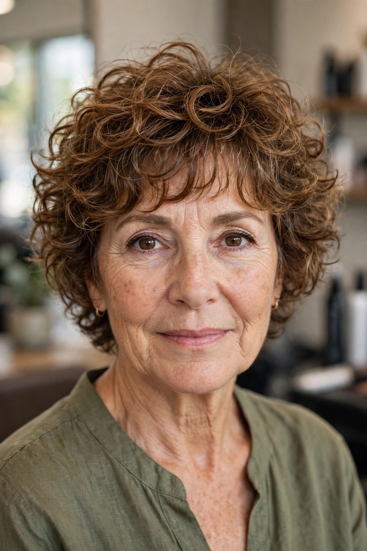 Curly Shag with Wispy Layers - short curly haircut for a woman over 50 that is easy to manage