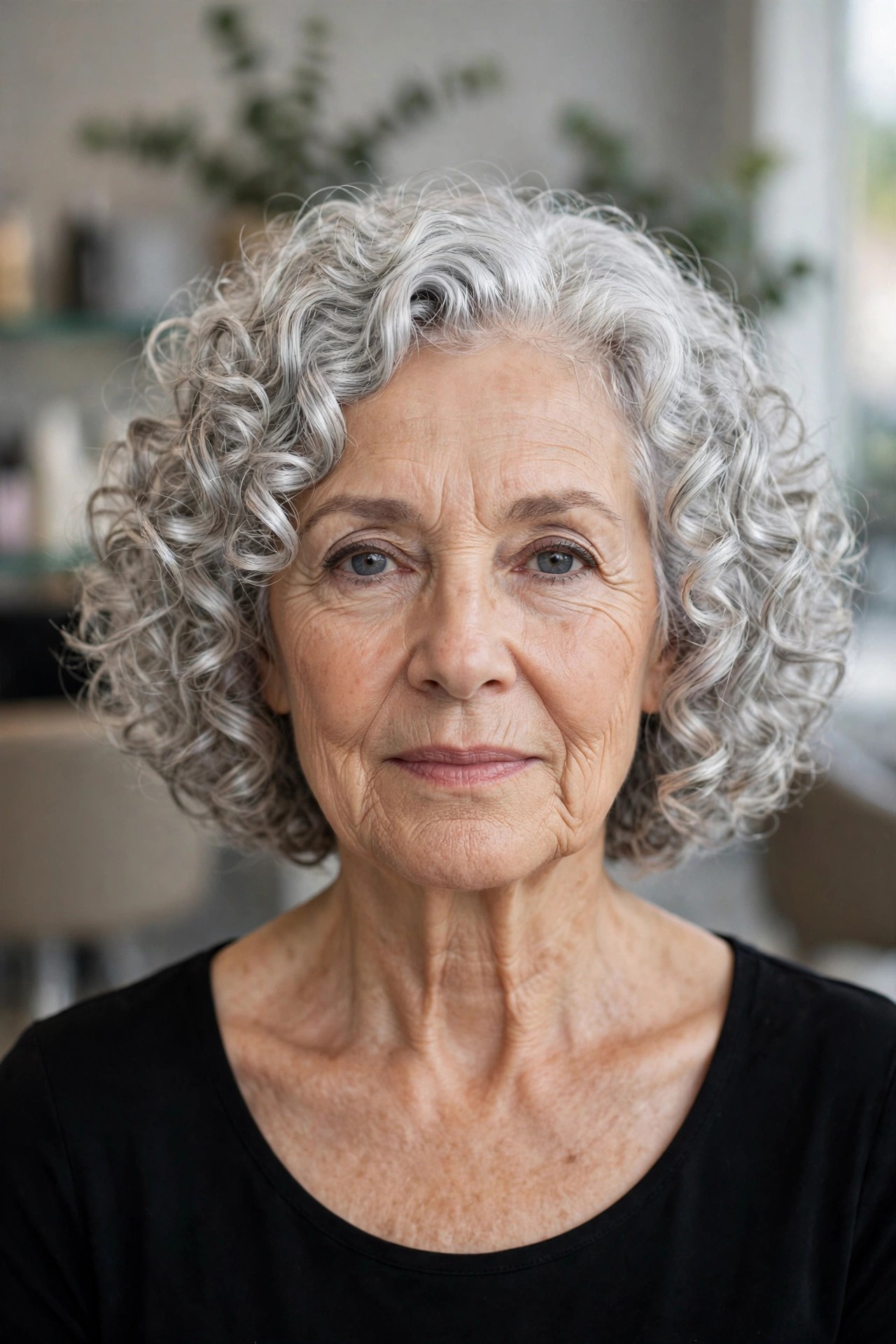 Silver Curls Halo Bob - short curly haircut for a woman over 50 that is easy to manage