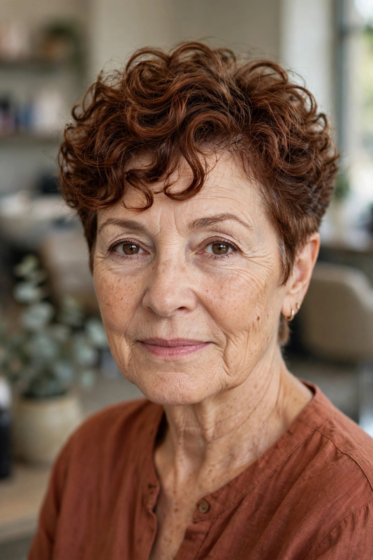 Curly Pixie with a Longer Top - short curly haircut for a woman over 50 that is easy to manage